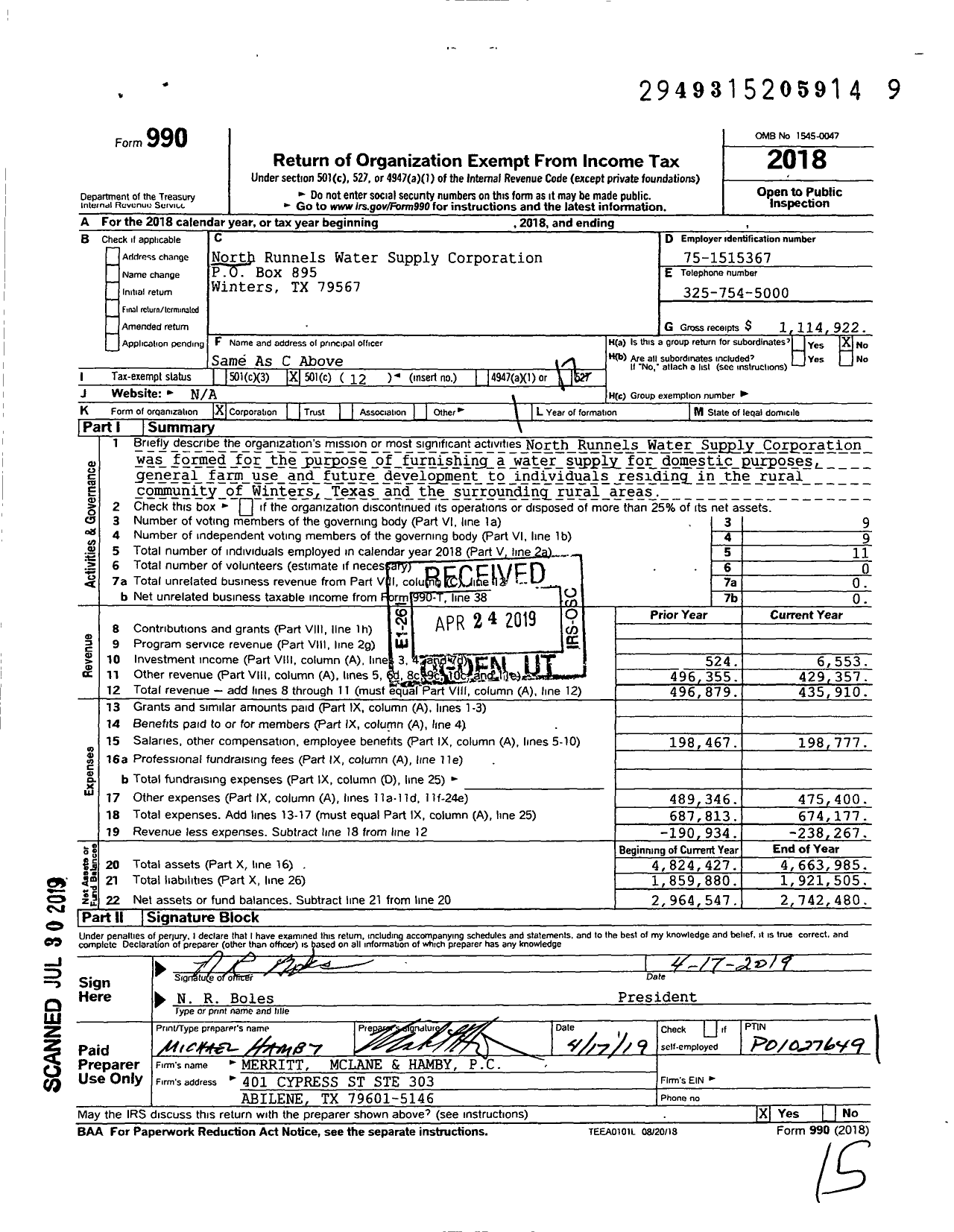 Image of first page of 2018 Form 990O for North Runnels Water Supply Corporation