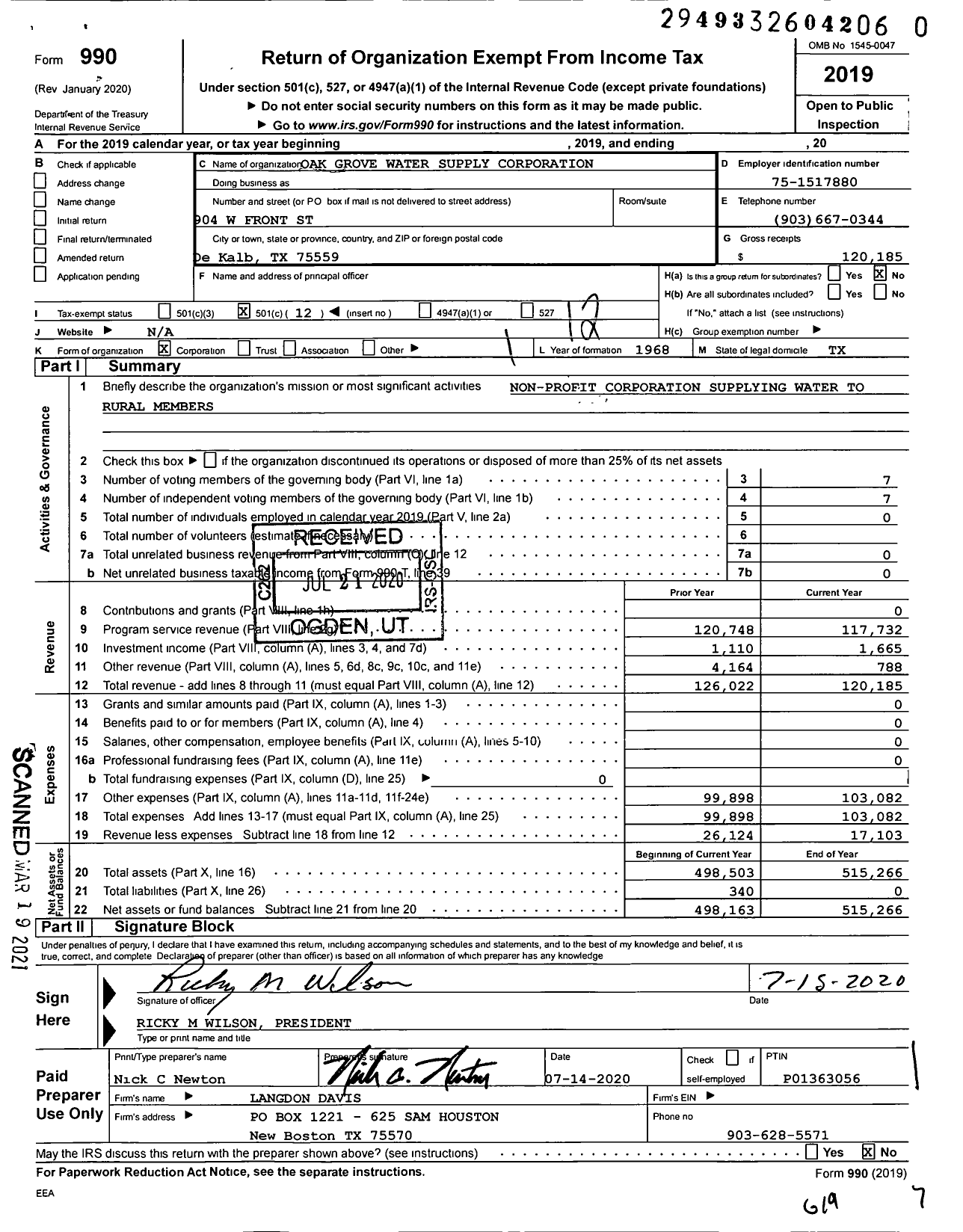 Image of first page of 2019 Form 990O for Oak Grove Water Supply Corporation