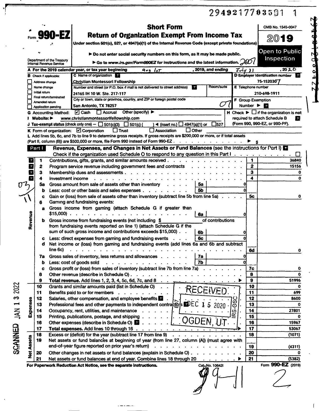 Image of first page of 2019 Form 990EZ for Christian Montessori Fellowship