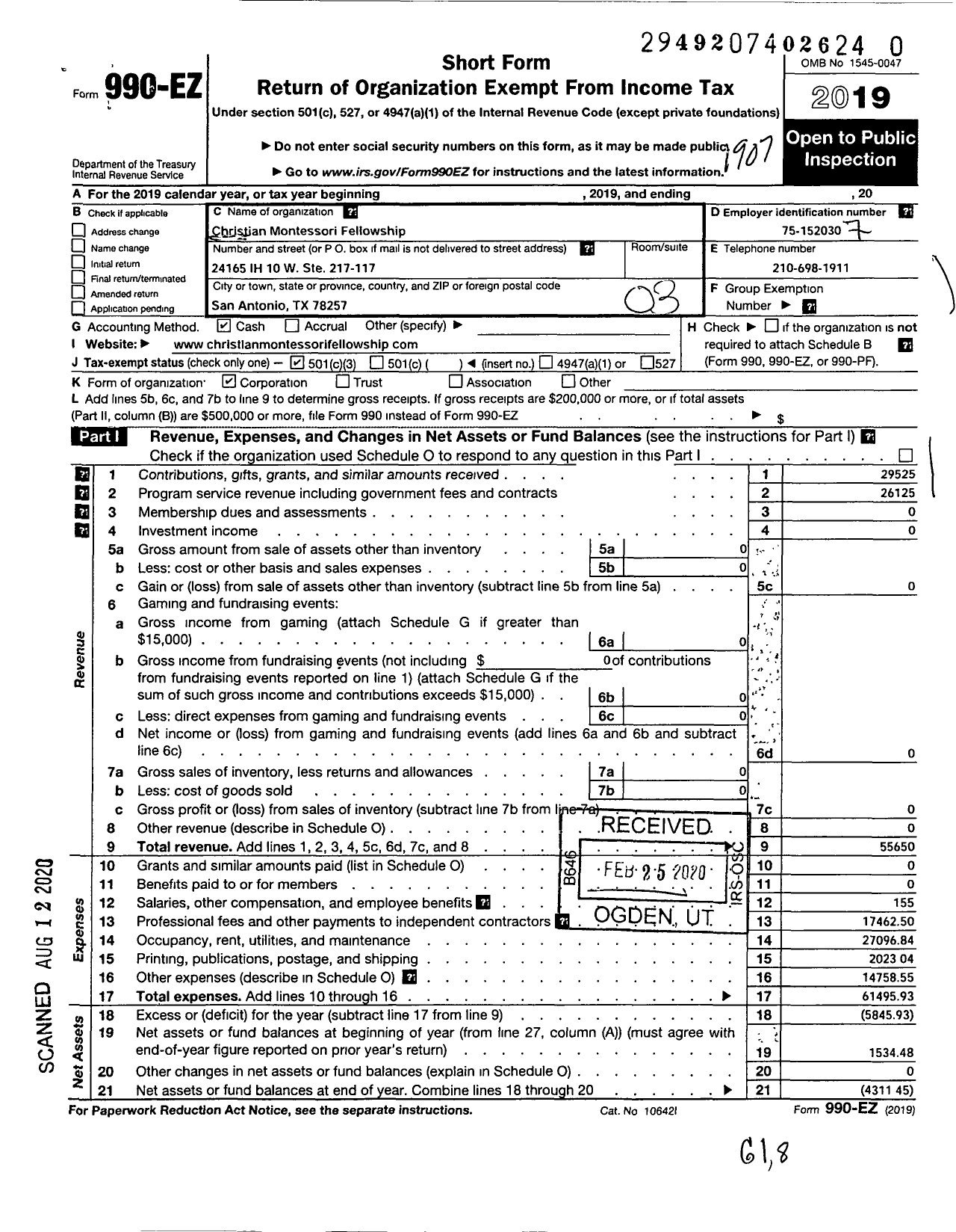 Image of first page of 2018 Form 990EZ for Christian Montessori Fellowship