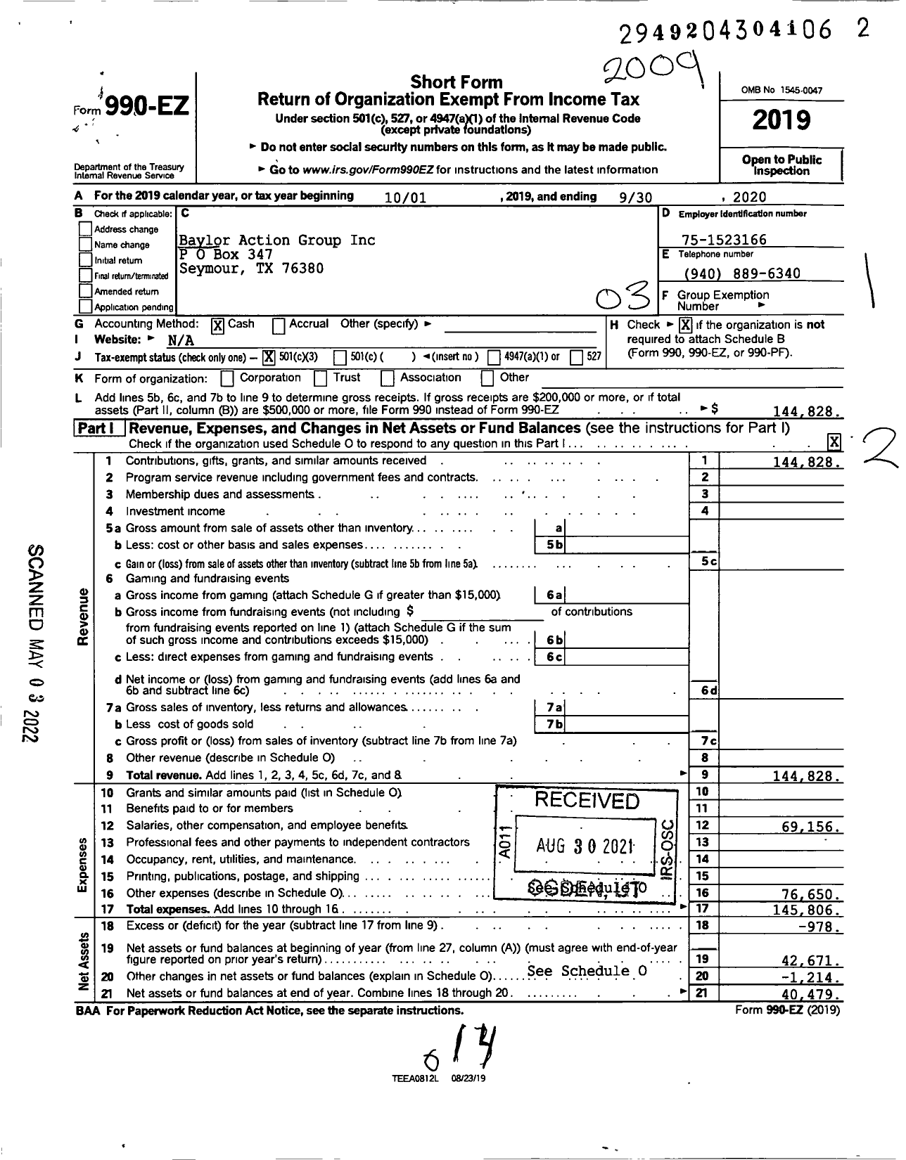 Image of first page of 2019 Form 990EZ for Baylor Action Group