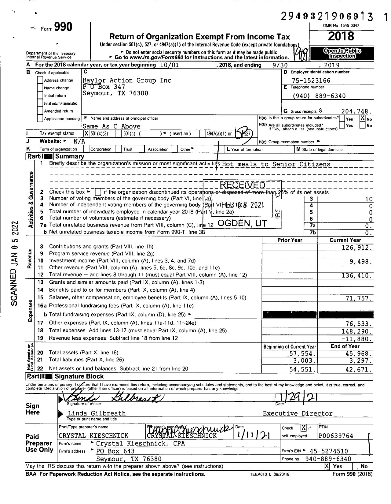 Image of first page of 2018 Form 990 for Baylor Action Group