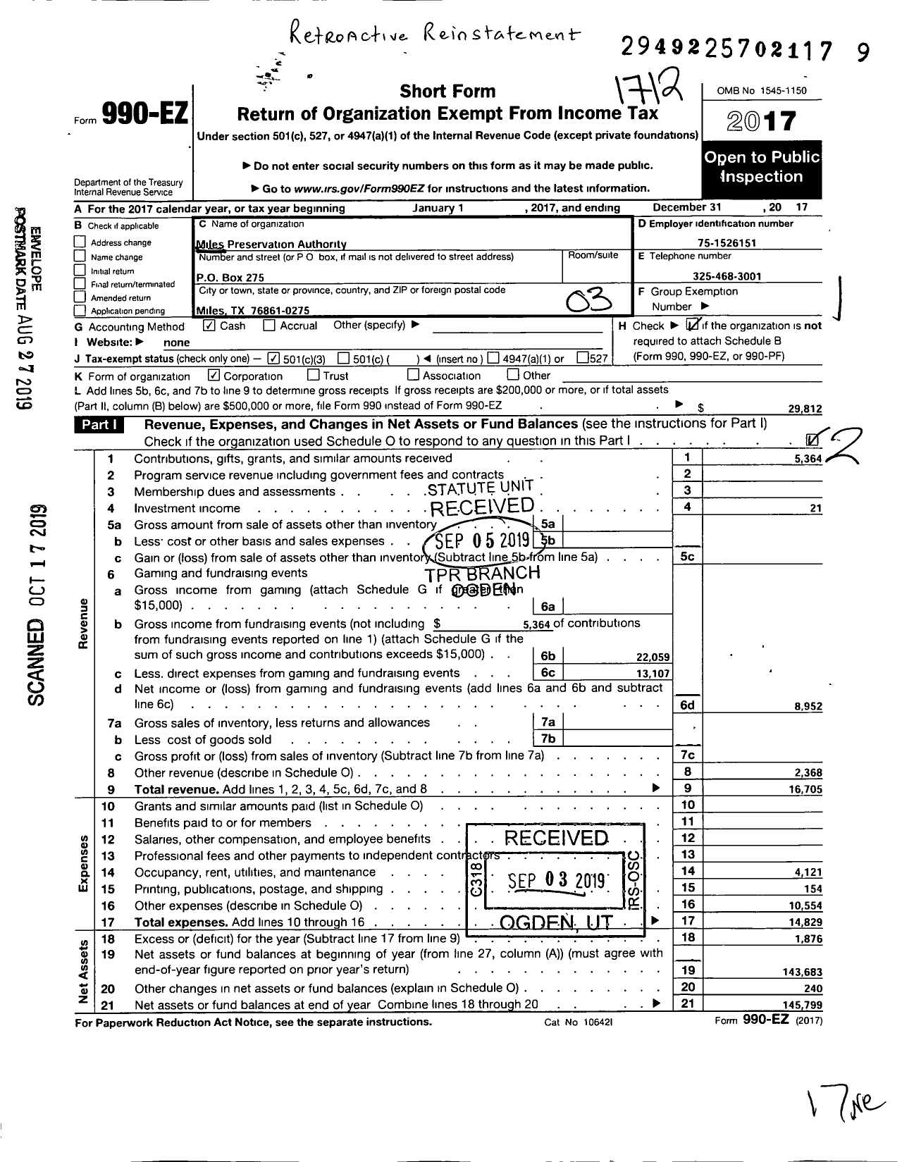 Image of first page of 2017 Form 990EZ for Miles Preservation Authority