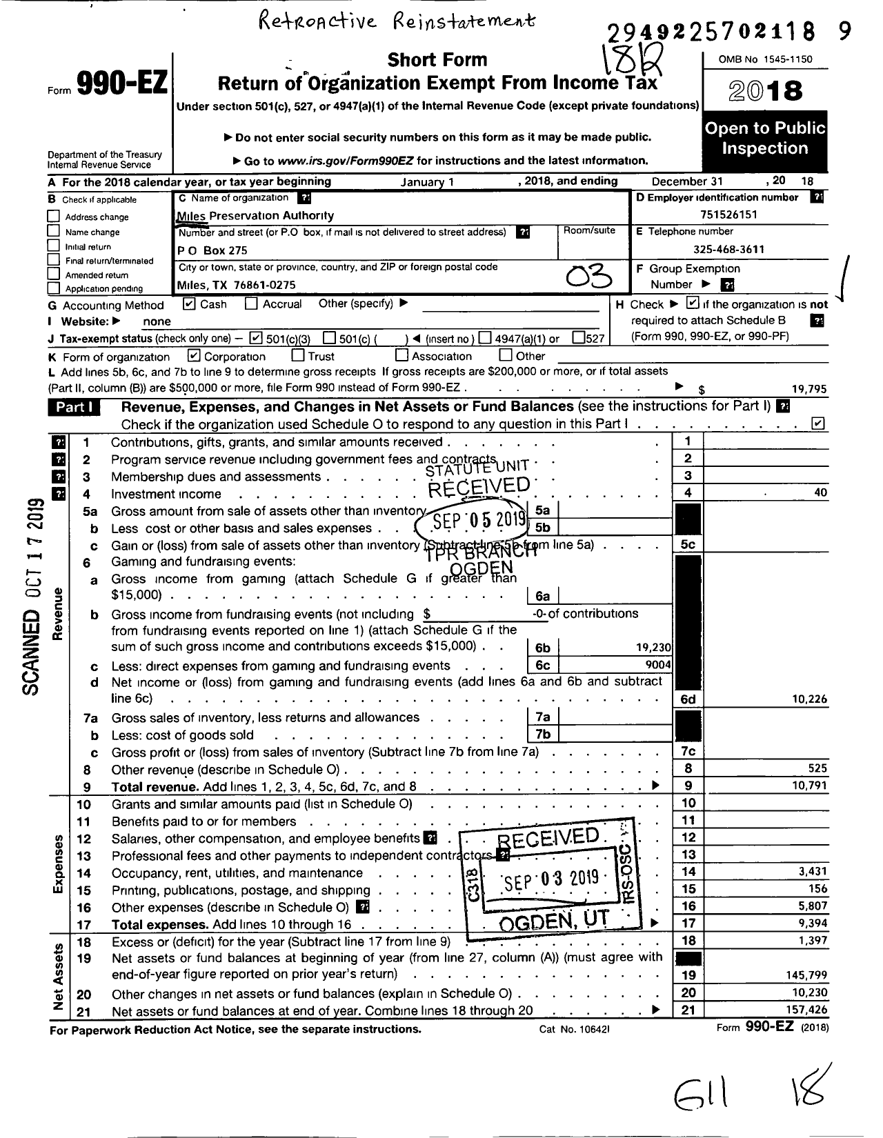 Image of first page of 2018 Form 990EZ for Miles Preservation Authority