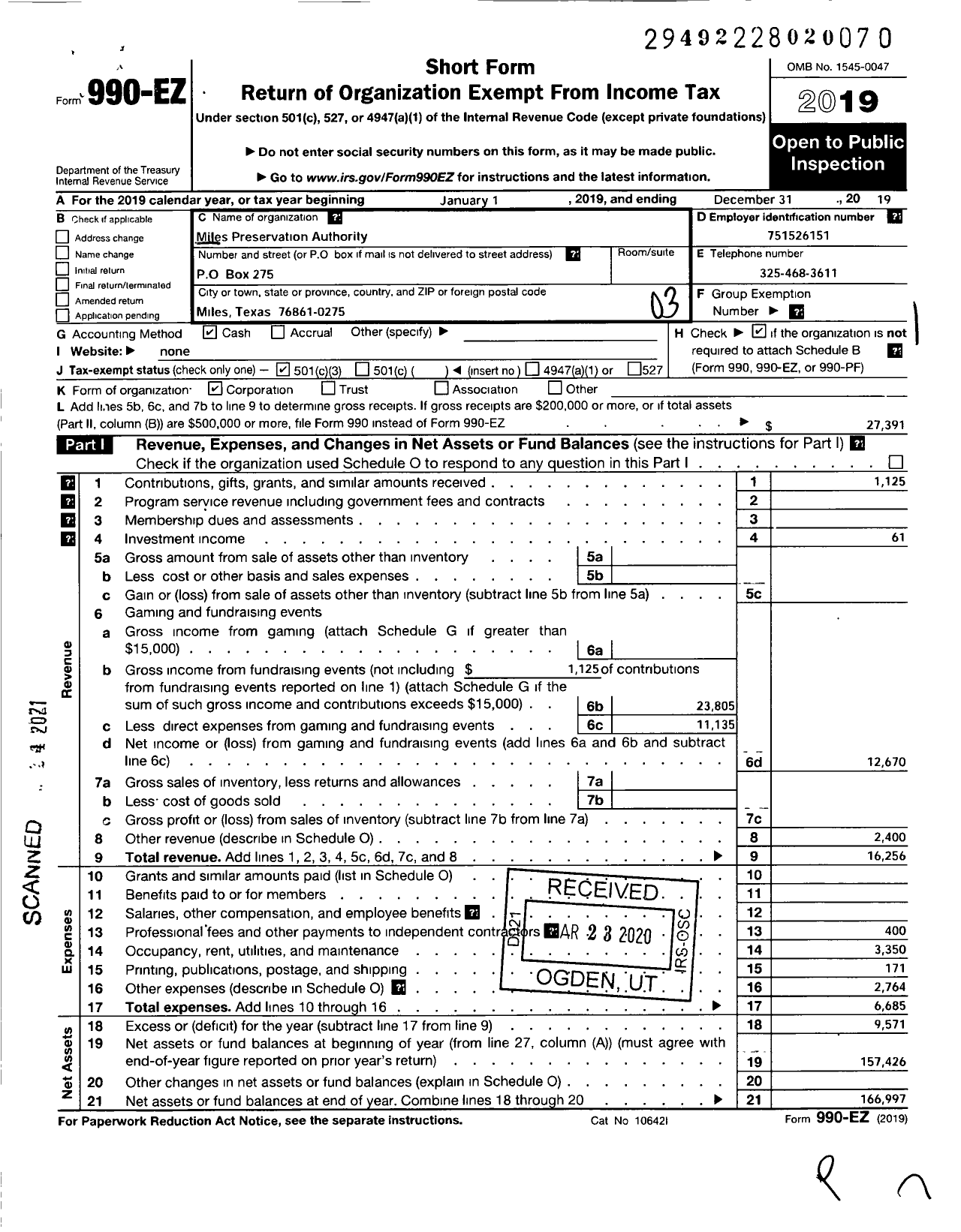 Image of first page of 2019 Form 990EZ for Miles Preservation Authority