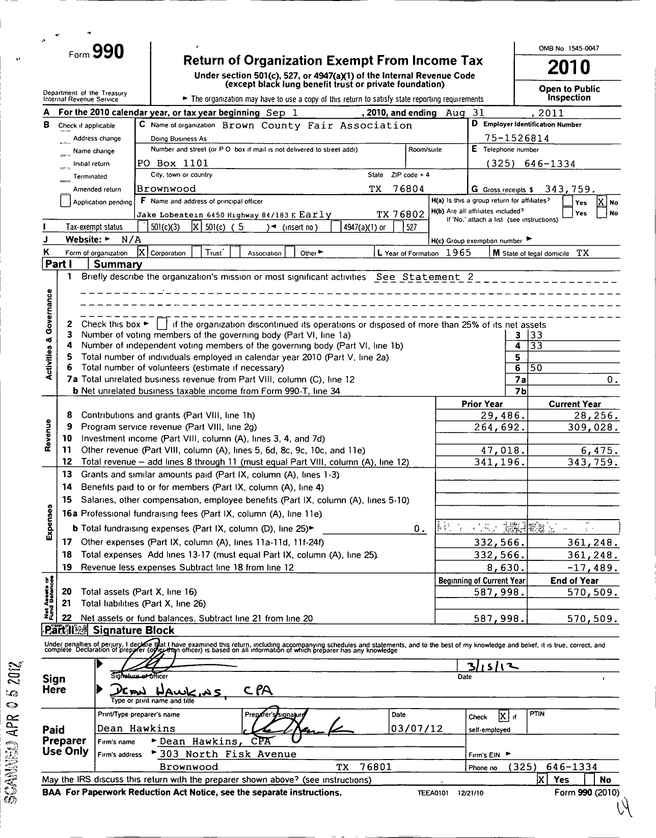 Image of first page of 2010 Form 990O for Brown County Fair Association