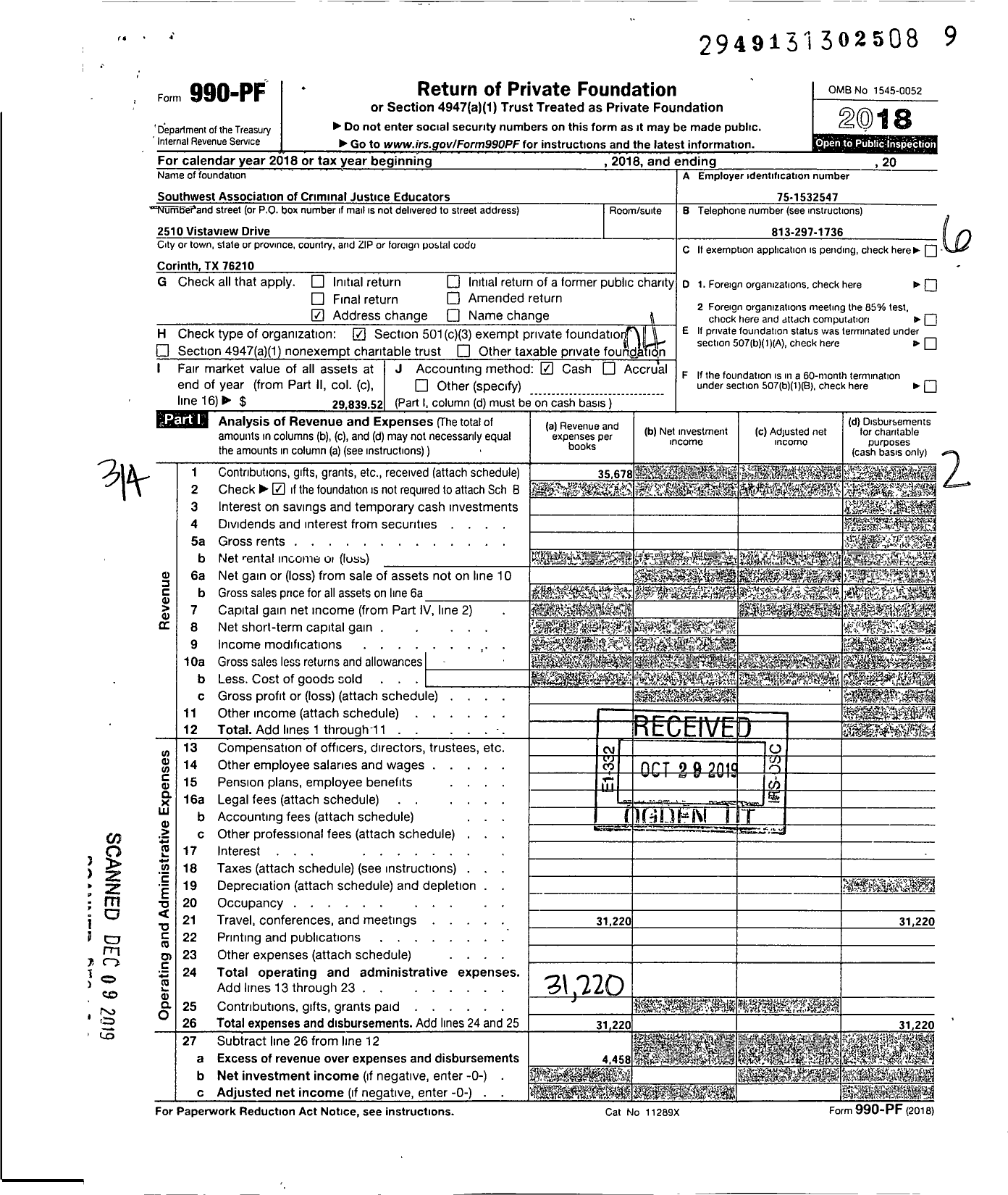 Image of first page of 2018 Form 990PF for Southwestern Association of Criminal Justice