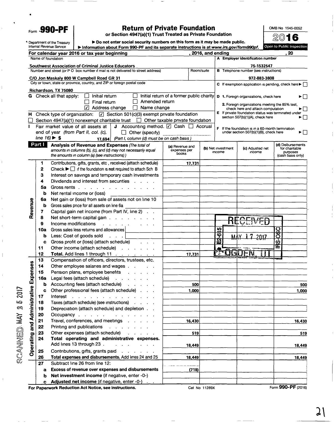 Image of first page of 2016 Form 990PF for Southwestern Association of Criminal Justice