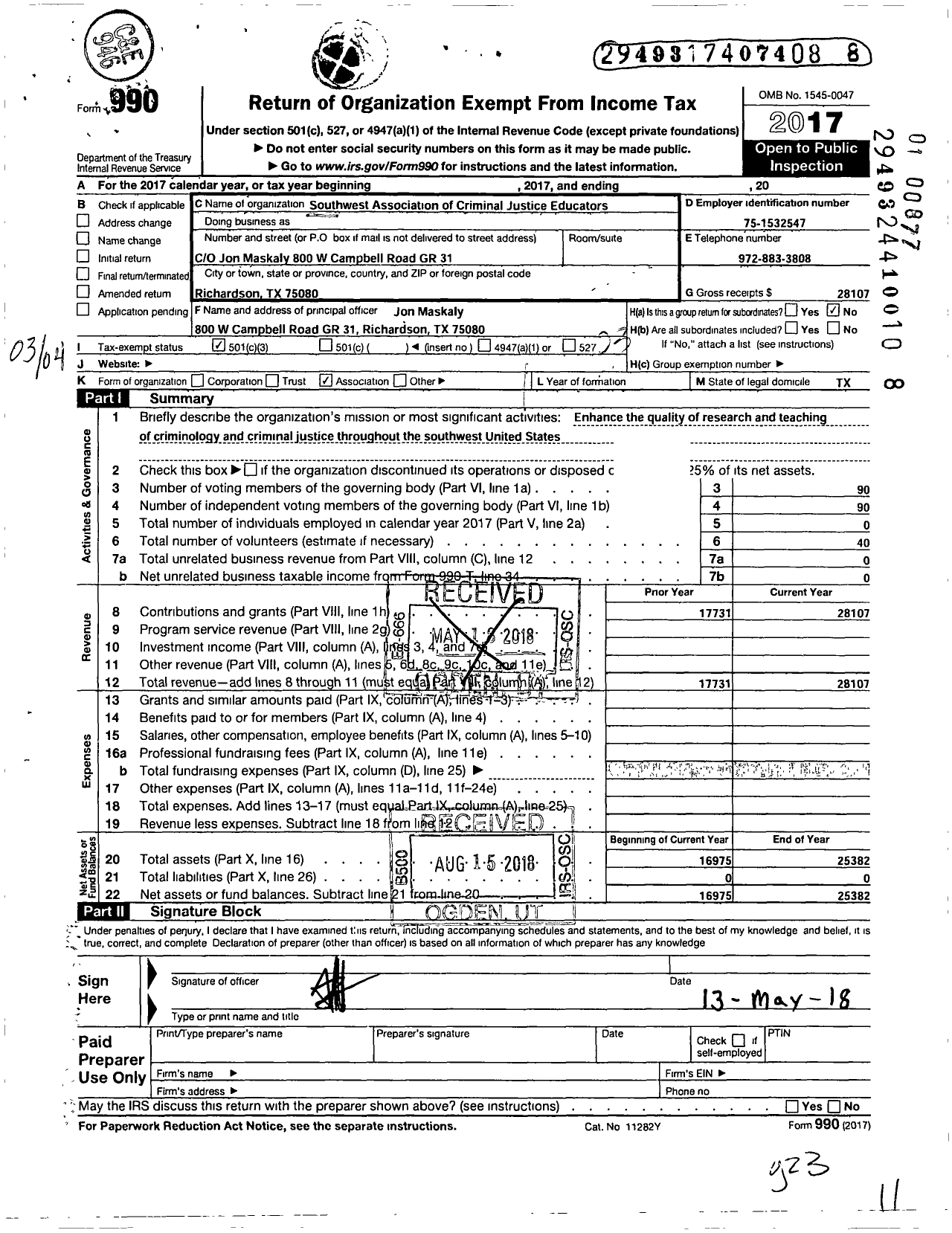 Image of first page of 2017 Form 990 for Southwestern Association of Criminal Justice