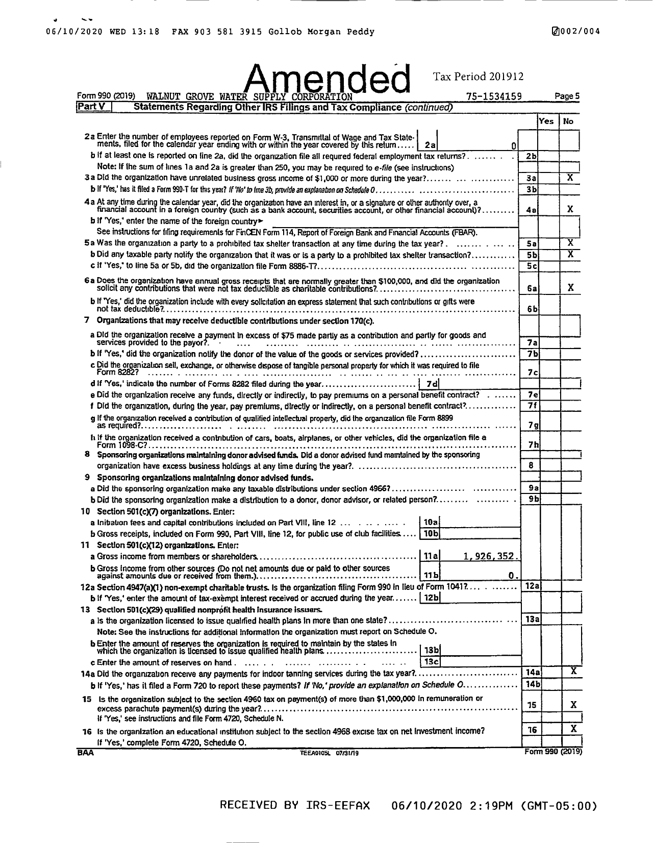 Image of first page of 2019 Form 990R for Walnut Grove Water Supply Corporation