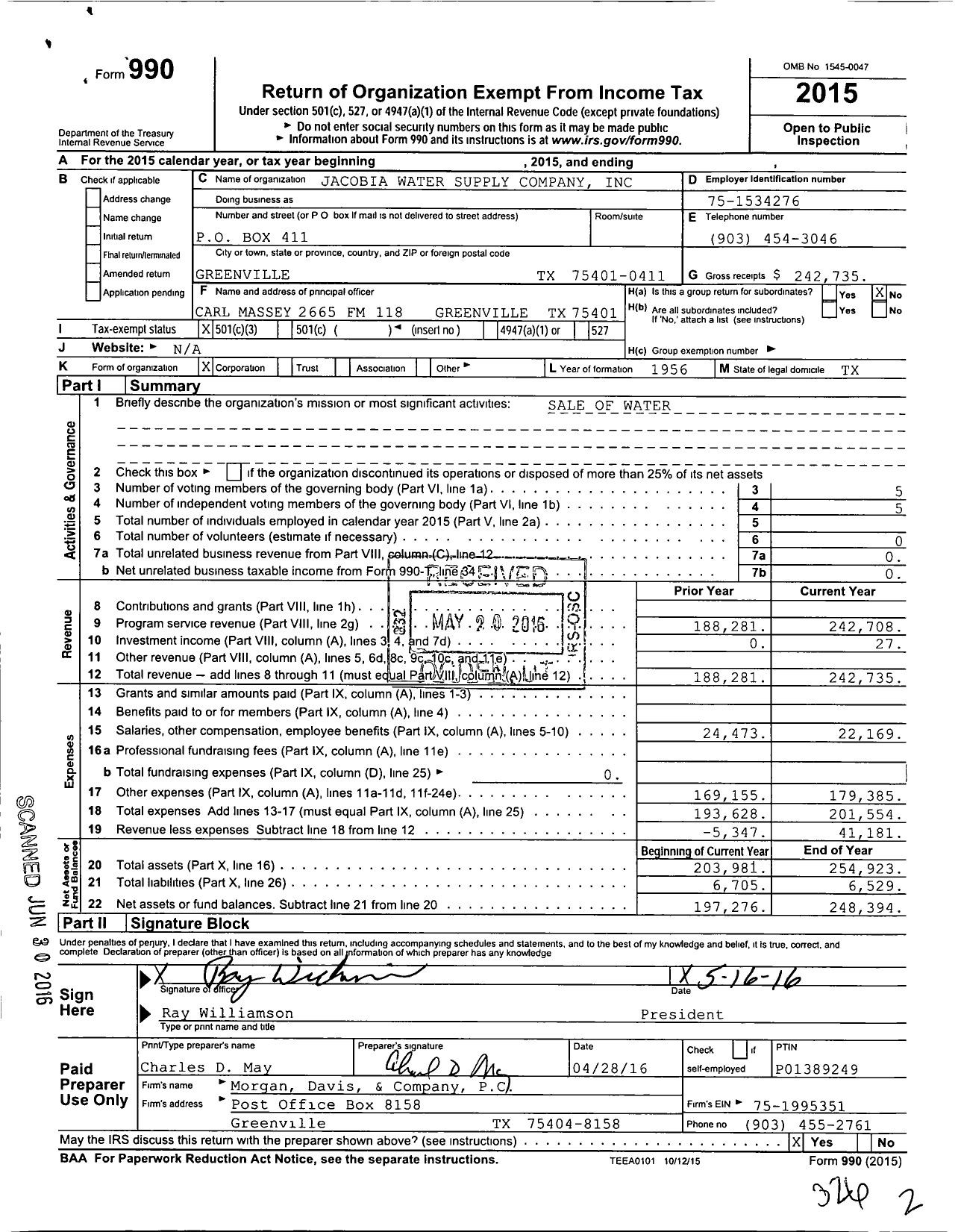 Image of first page of 2015 Form 990 for Jacobia Water Supply Corporation