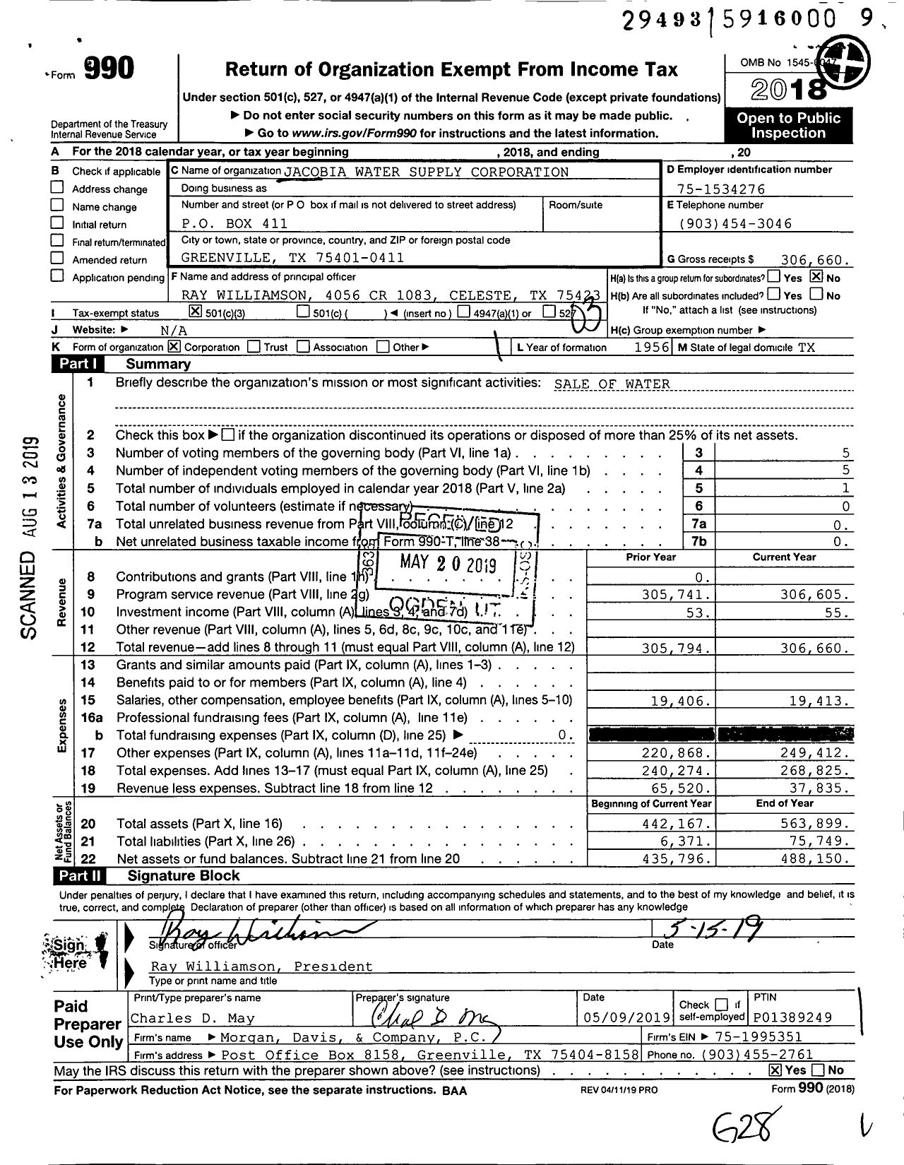 Image of first page of 2018 Form 990 for Jacobia Water Supply Corporation