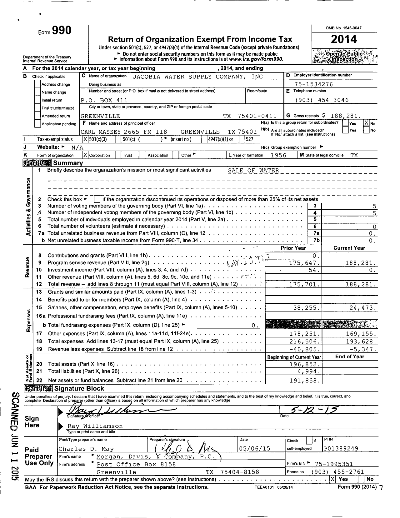 Image of first page of 2014 Form 990 for Jacobia Water Supply Corporation