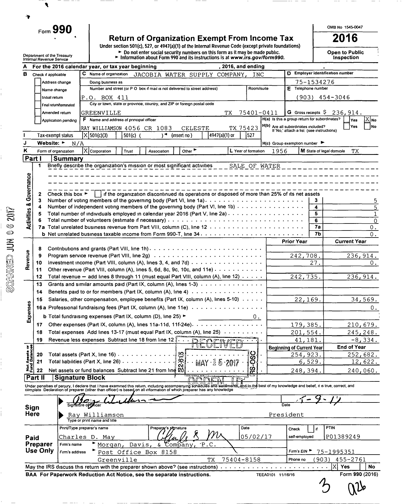 Image of first page of 2016 Form 990 for Jacobia Water Supply Corporation