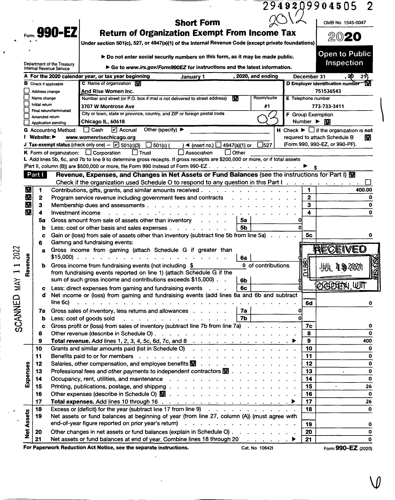 Image of first page of 2020 Form 990EZ for And Rise Women