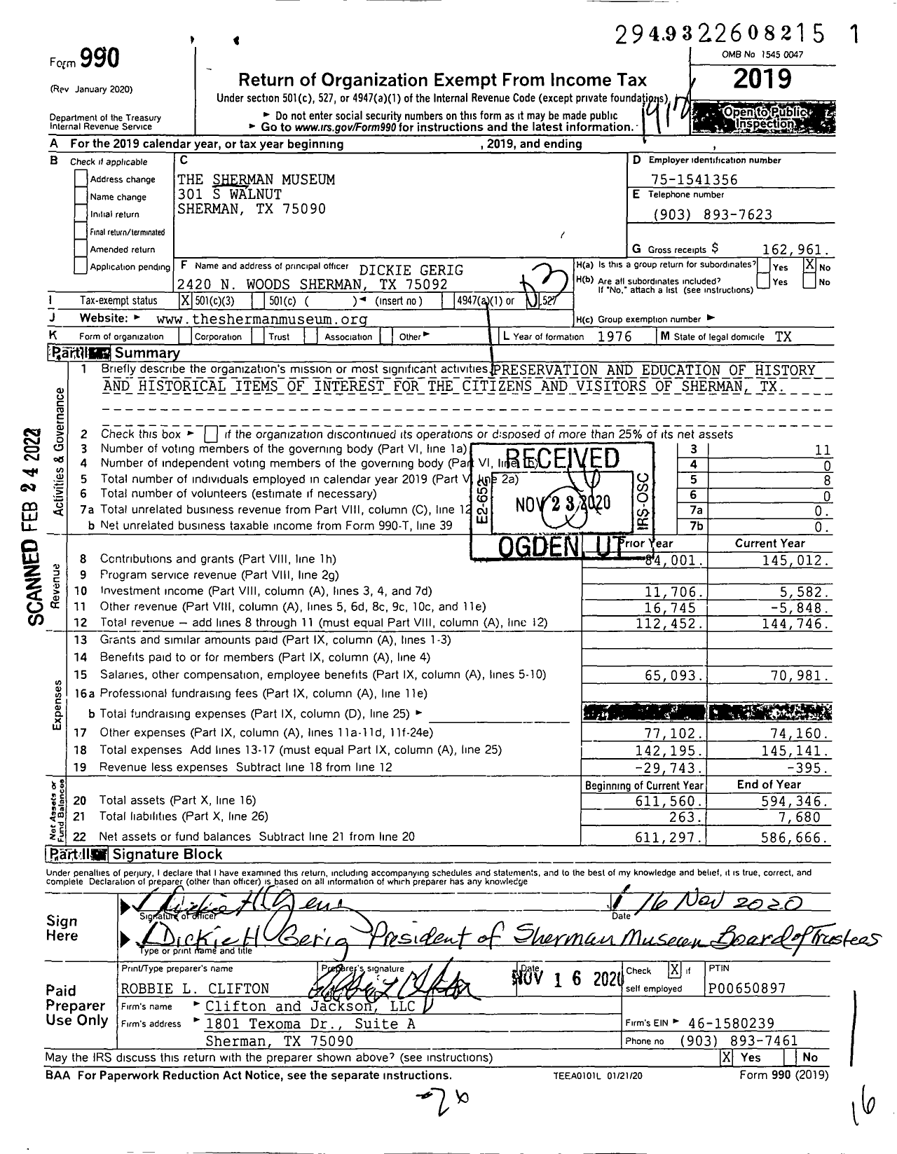 Image of first page of 2019 Form 990 for The Sherman Museum