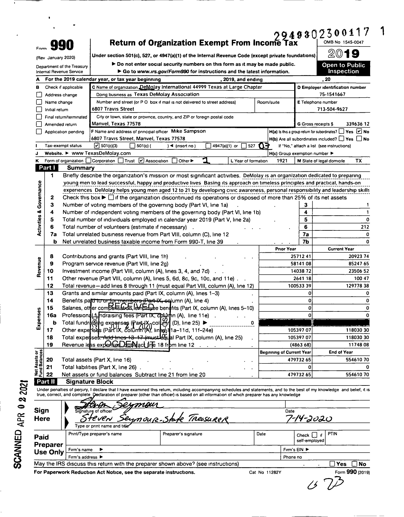 Image of first page of 2019 Form 990 for DeMolay International - 44000 Texas DeMolay