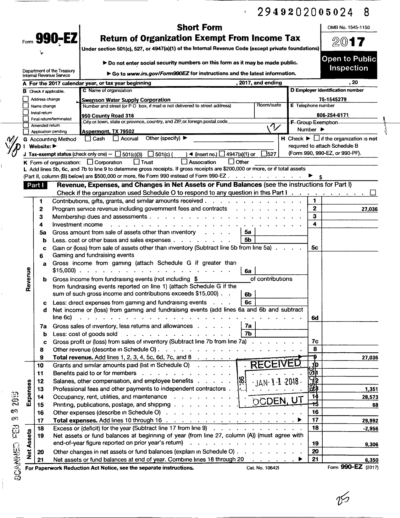 Image of first page of 2017 Form 990EO for Swenson Water Supply Corporation