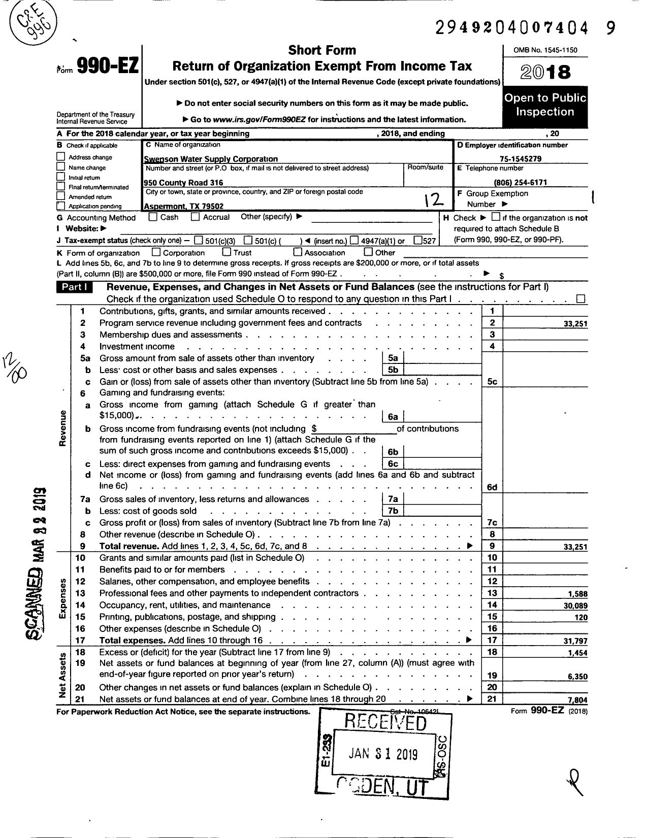 Image of first page of 2018 Form 990EO for Swenson Water Supply Corporation