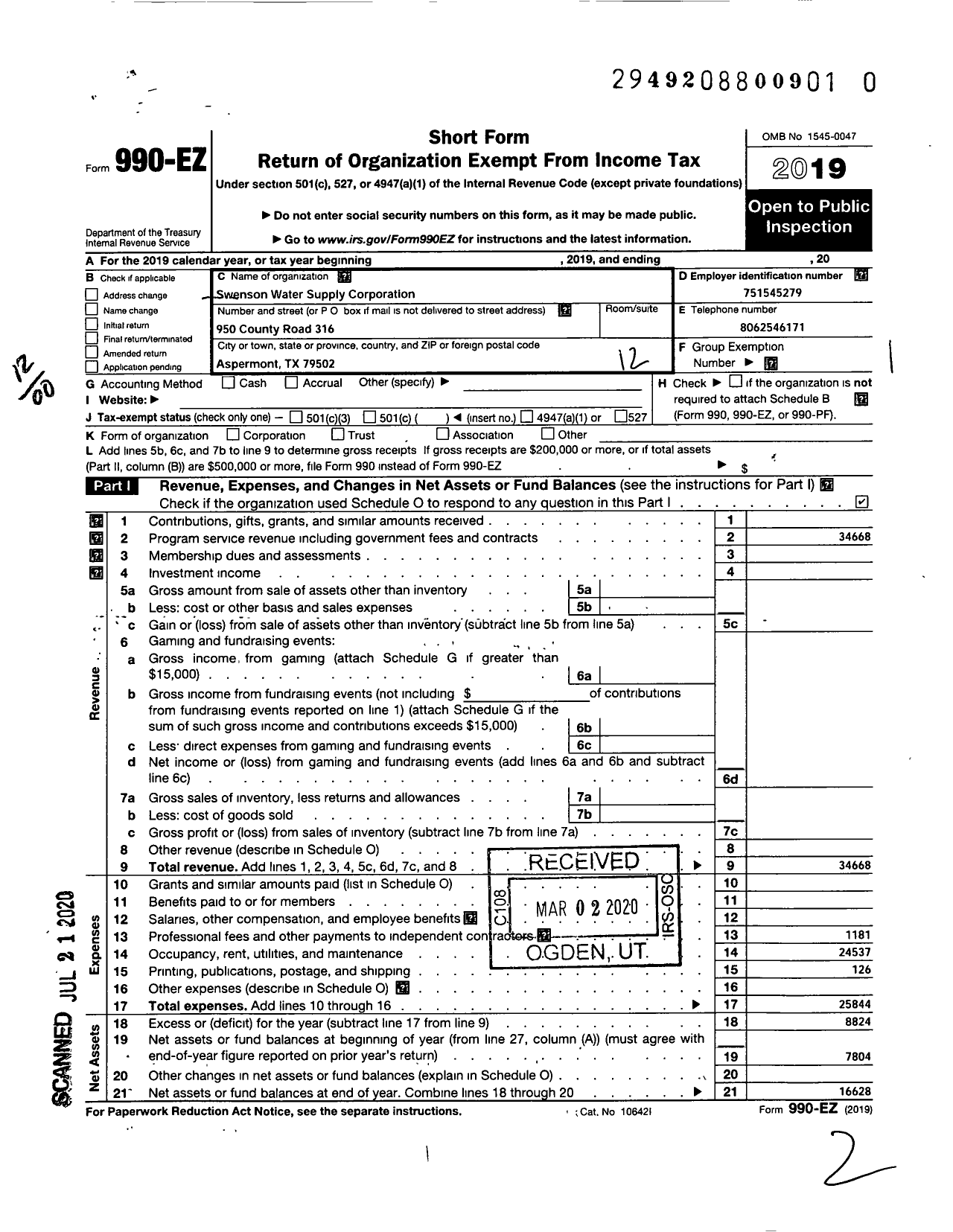 Image of first page of 2019 Form 990EO for Swenson Water Supply Corporation
