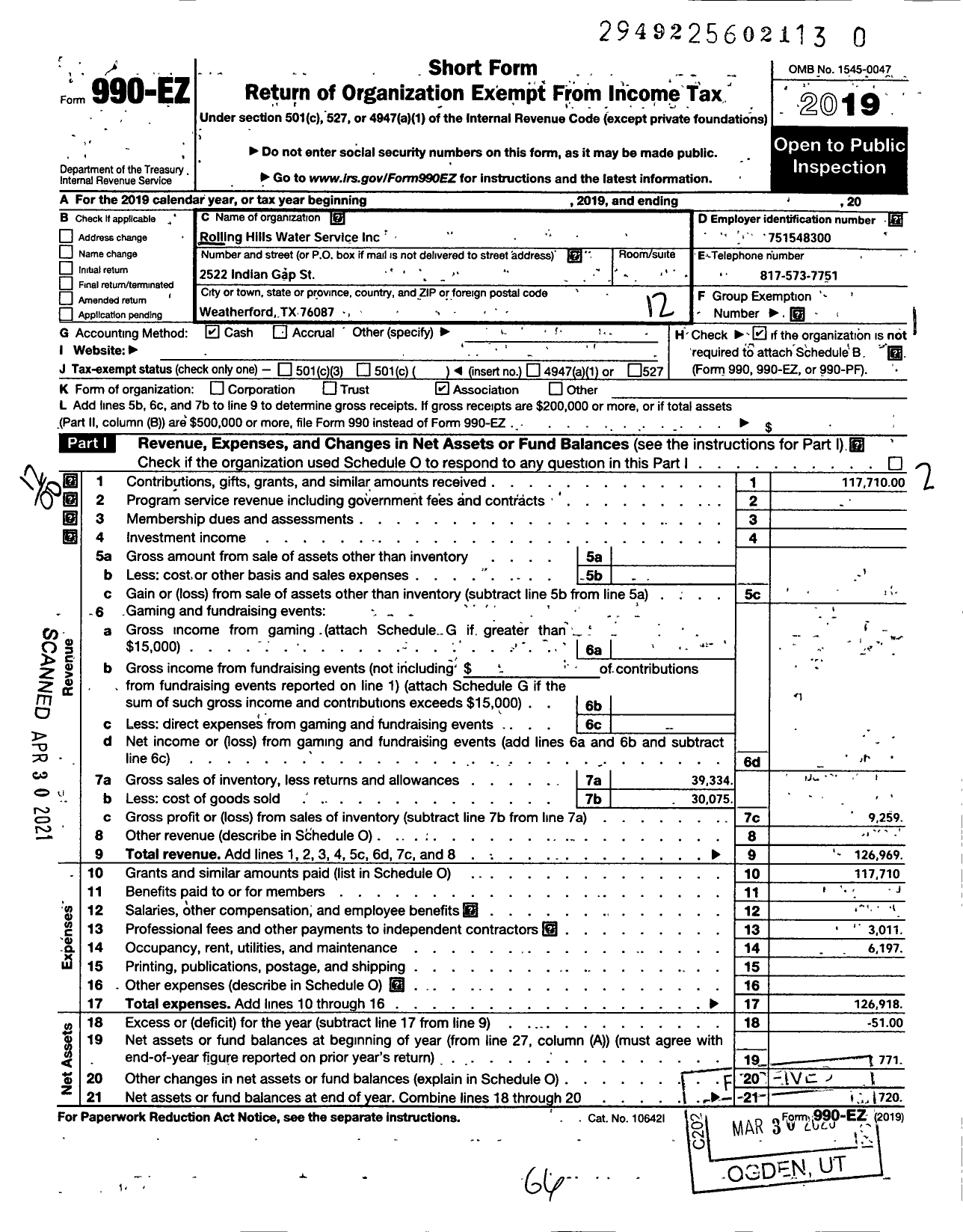 Image of first page of 2019 Form 990EO for Rolling Hills Water Service