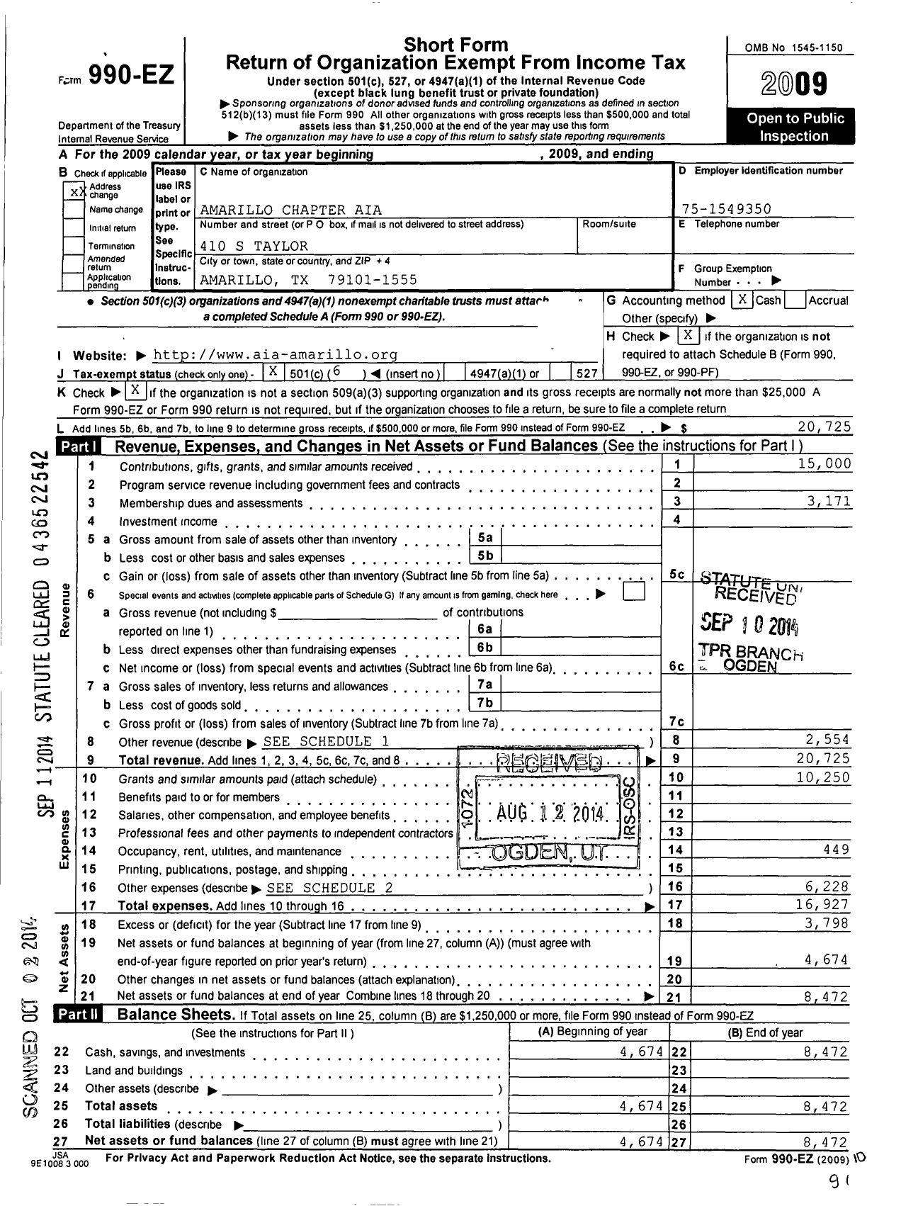 Image of first page of 2009 Form 990EO for Amarillo Chapter Aia