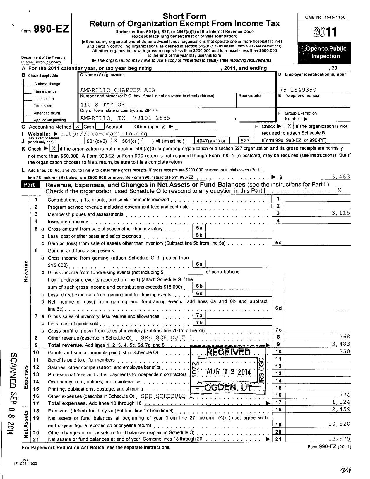 Image of first page of 2011 Form 990EO for Amarillo Chapter Aia