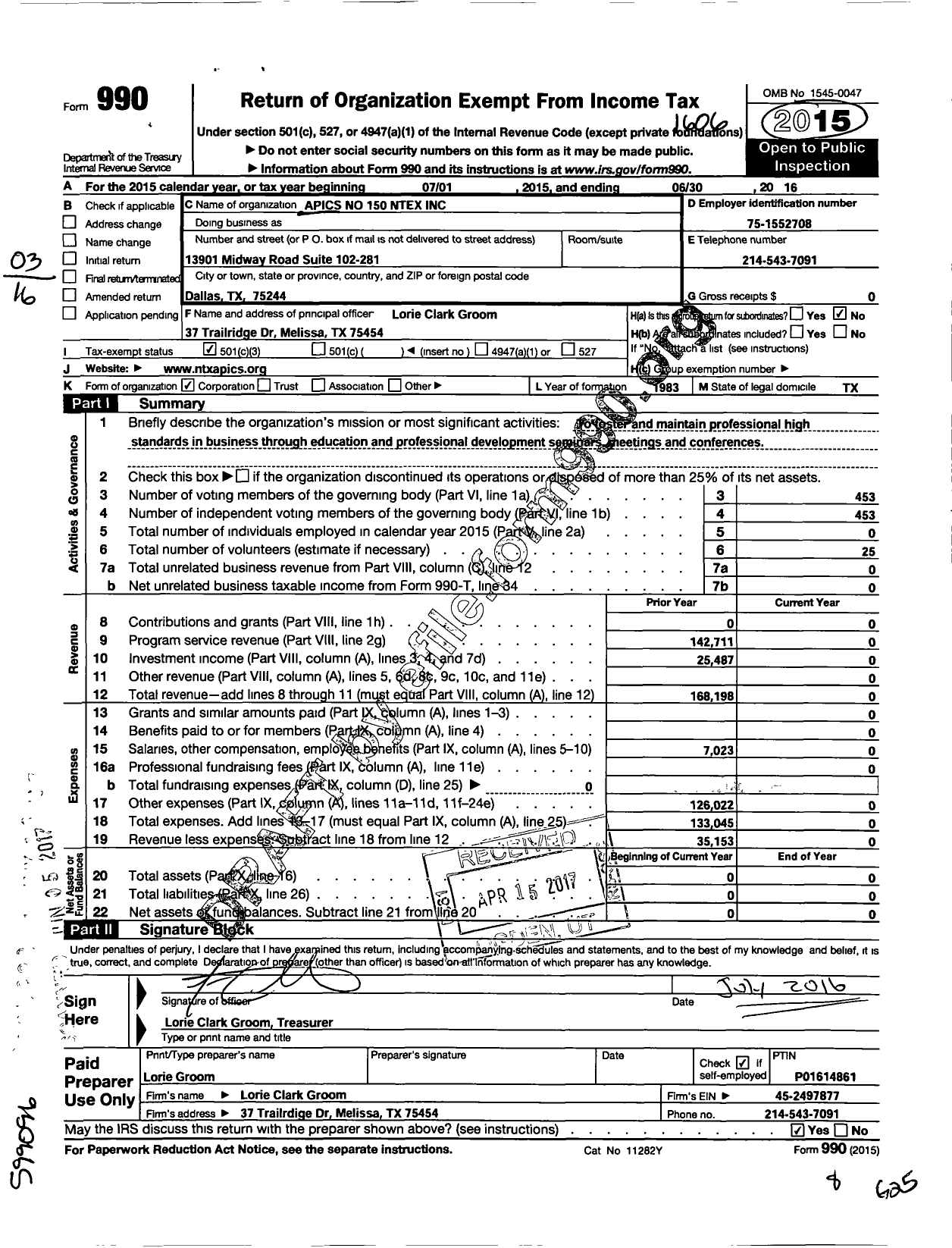 Image of first page of 2015 Form 990 for Apics No 150 Ntex