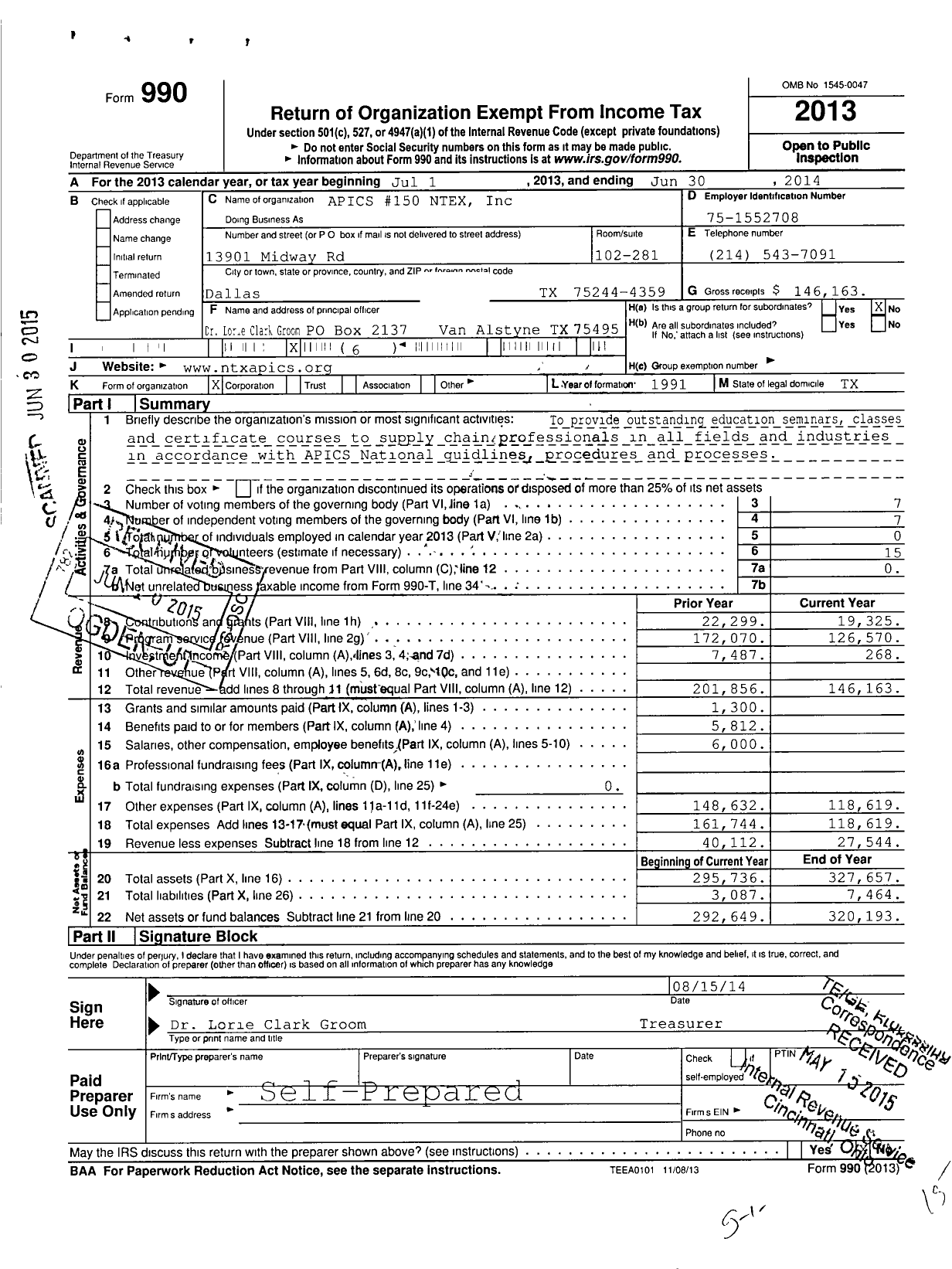 Image of first page of 2013 Form 990O for Apics No 150 Ntex