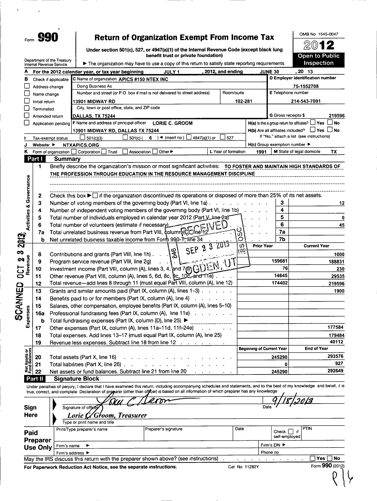 Image of first page of 2012 Form 990O for Apics No 150 Ntex