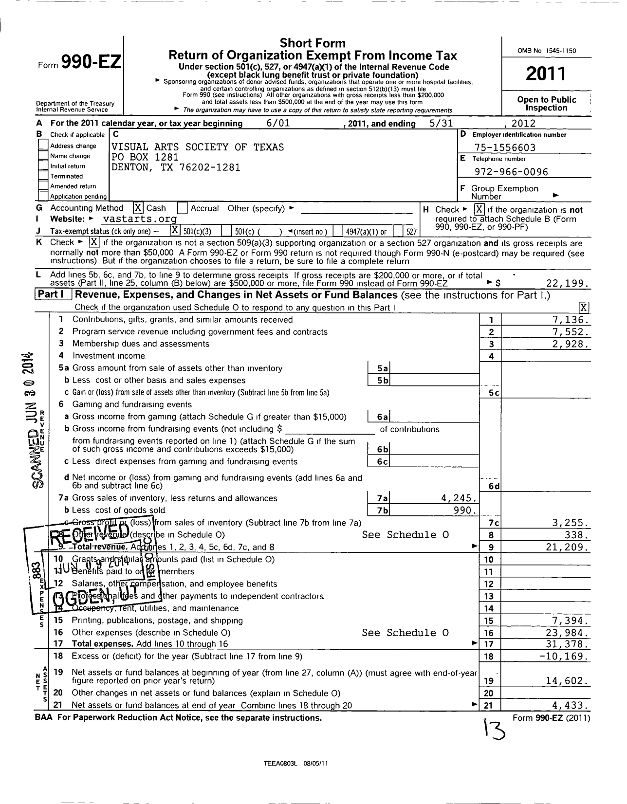 Image of first page of 2011 Form 990EZ for Visual Arts Society of Texas