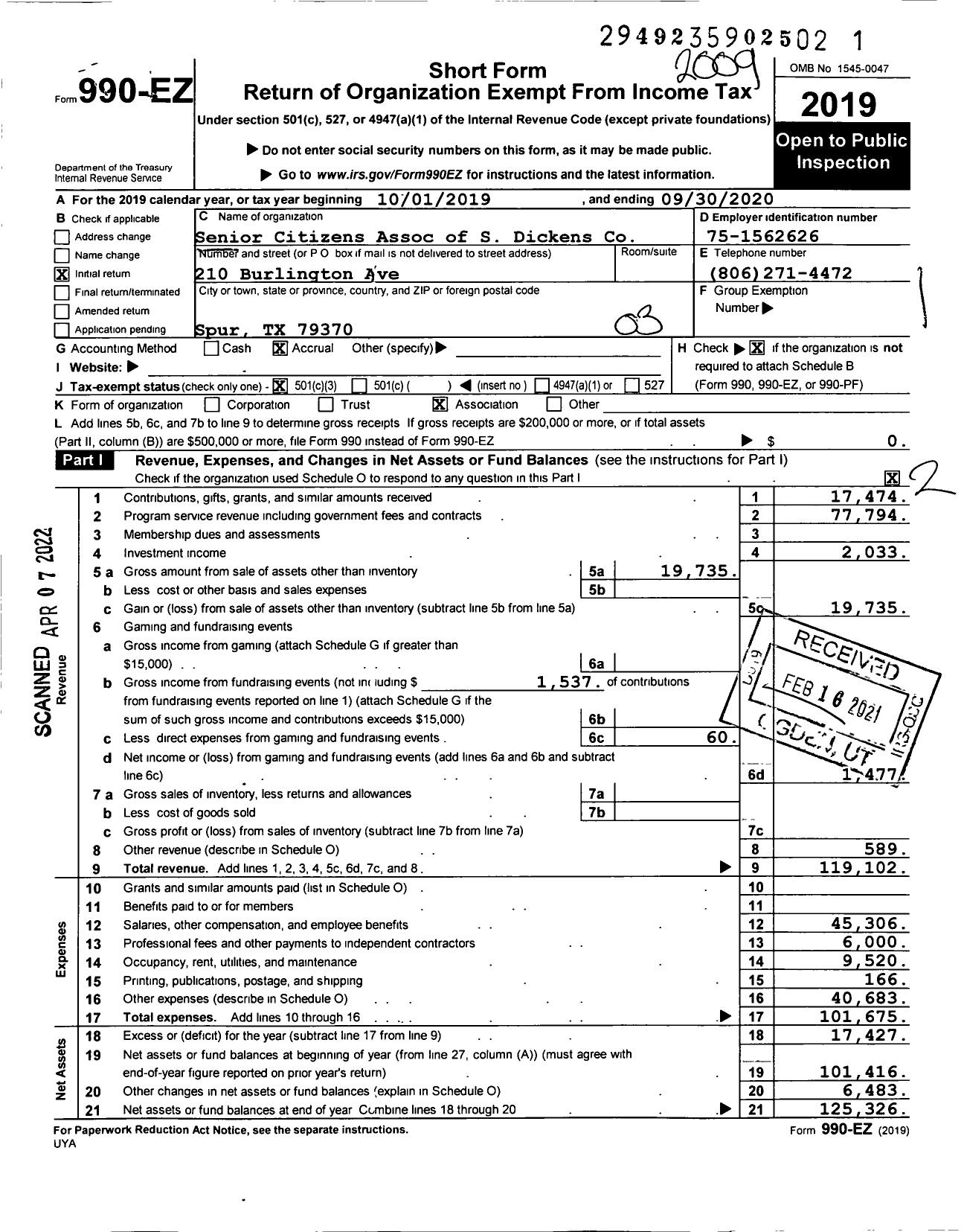 Image of first page of 2019 Form 990EZ for Senior Citizens Association of South Dickens County