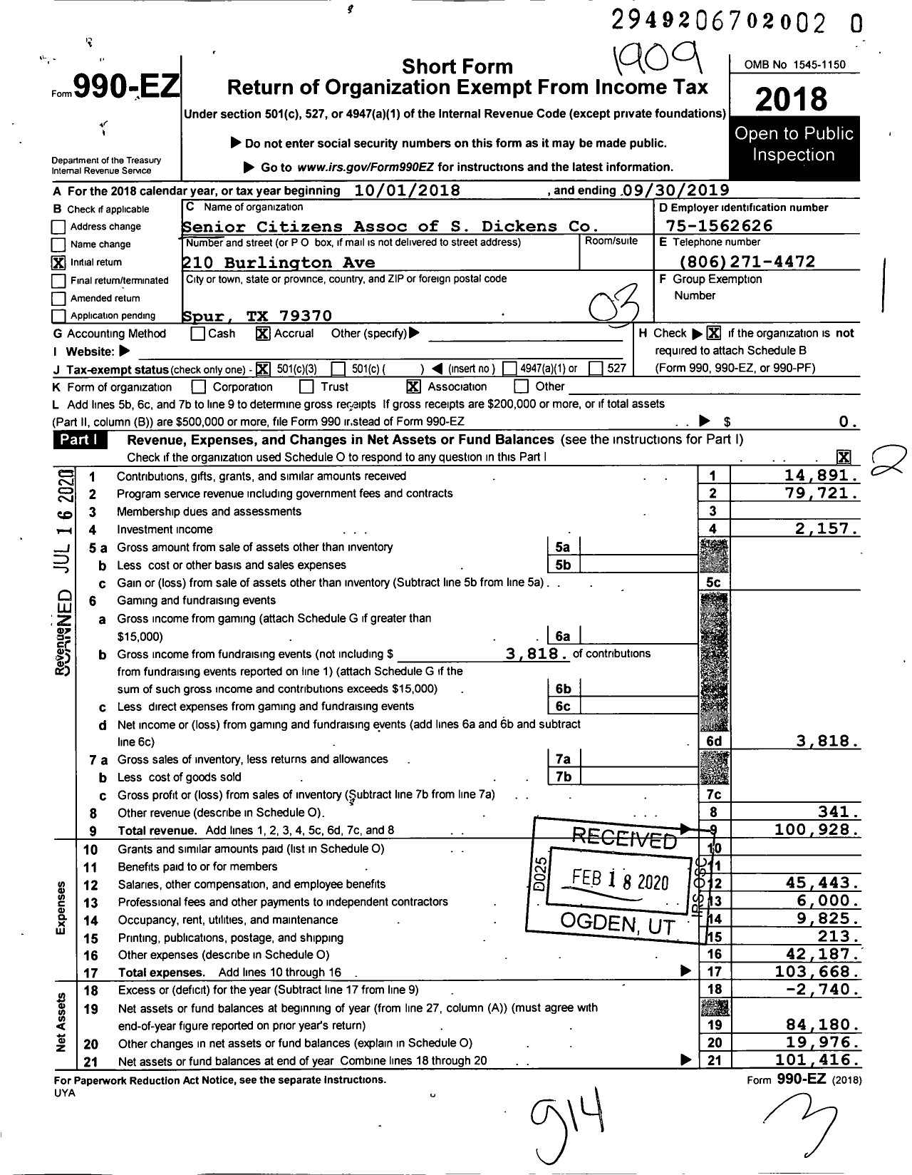 Image of first page of 2018 Form 990EZ for Senior Citizens Association of South Dickens County