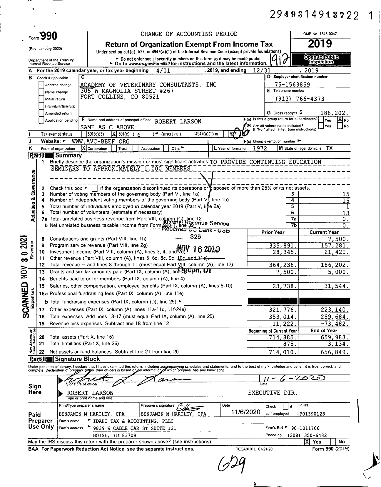 Image of first page of 2019 Form 990O for Academy of Veterinary Consultants