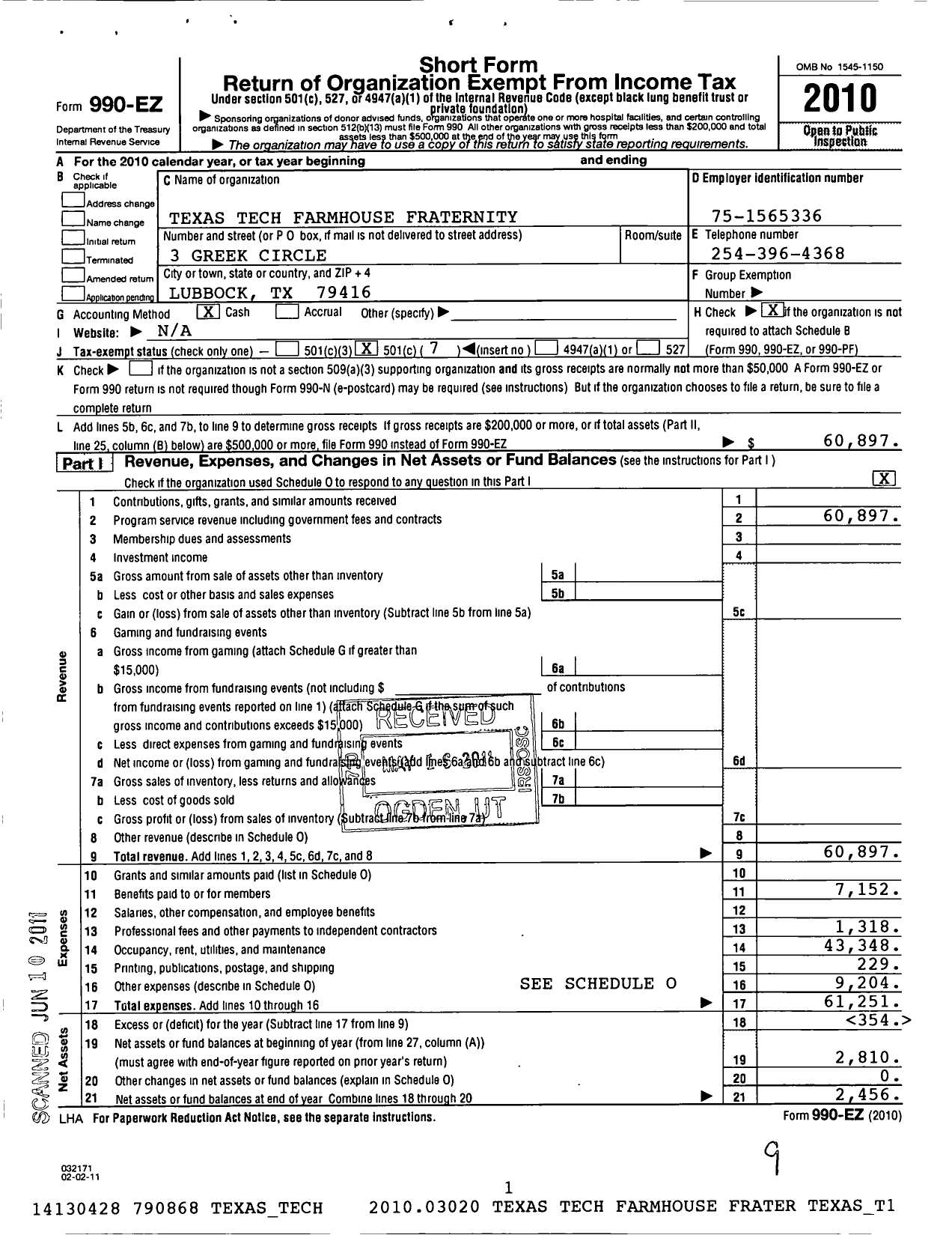 Image of first page of 2010 Form 990EO for Farmhouse Fraternity Texas Tech Chapter