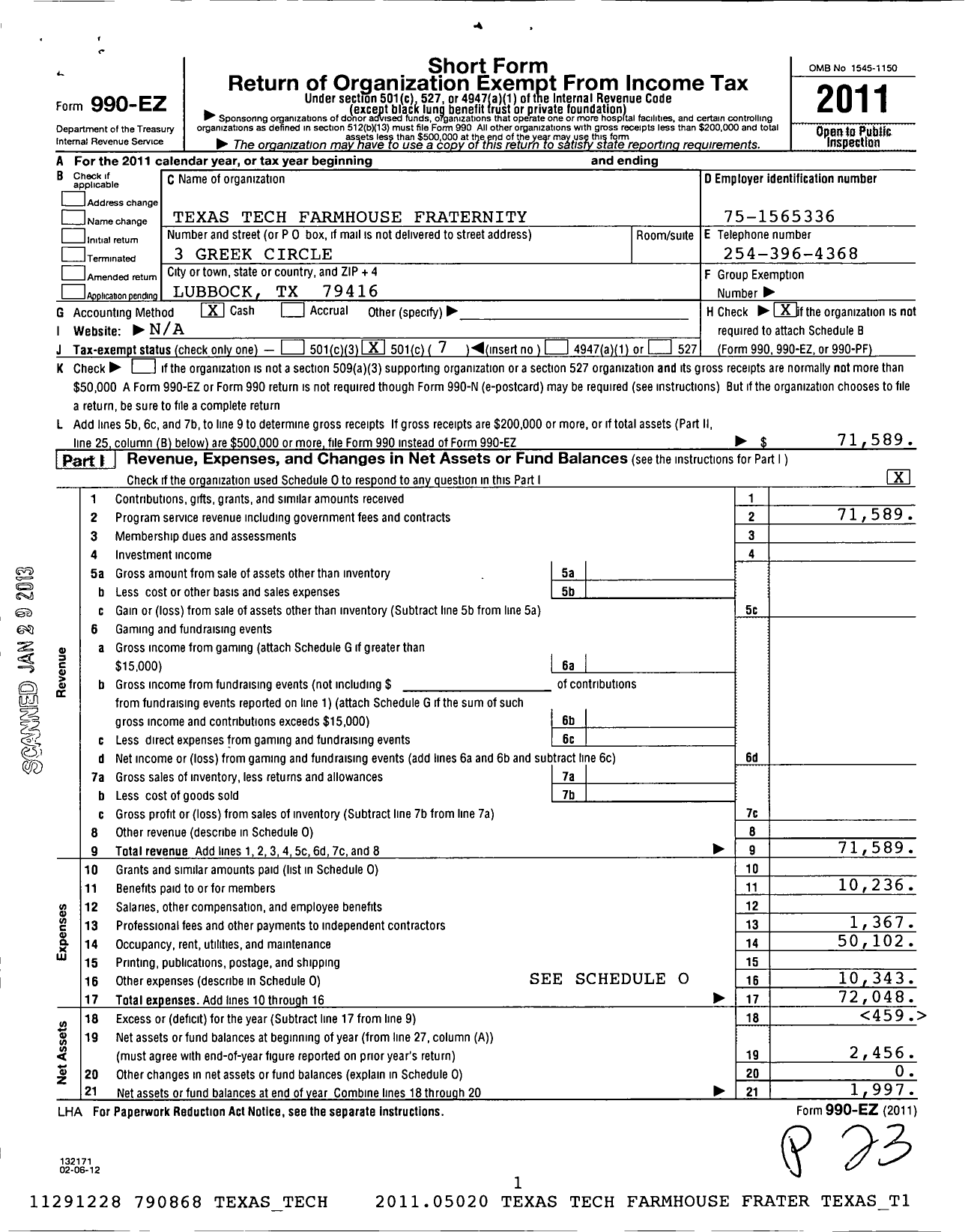 Image of first page of 2011 Form 990EO for Farmhouse Fraternity Texas Tech Chapter