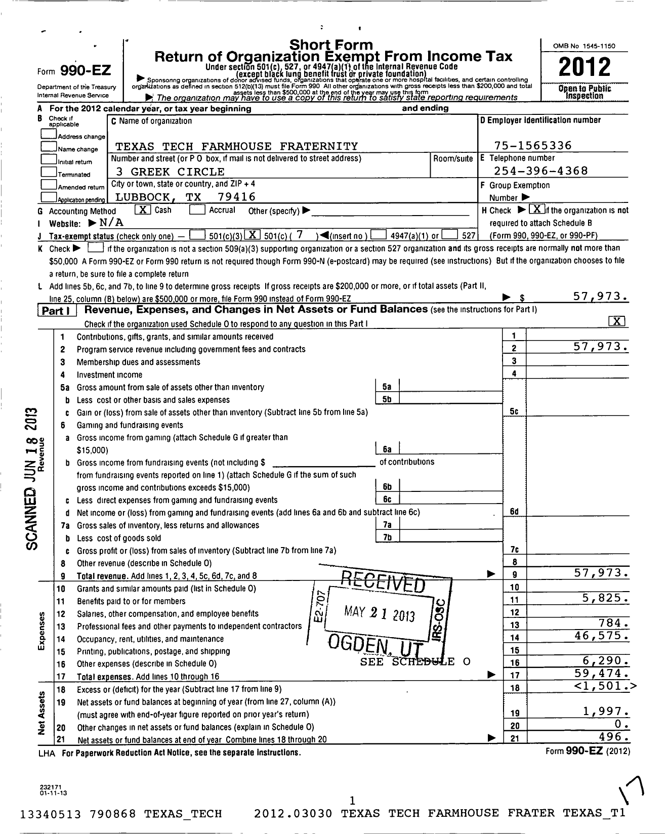 Image of first page of 2012 Form 990EO for Farmhouse Fraternity Texas Tech Chapter