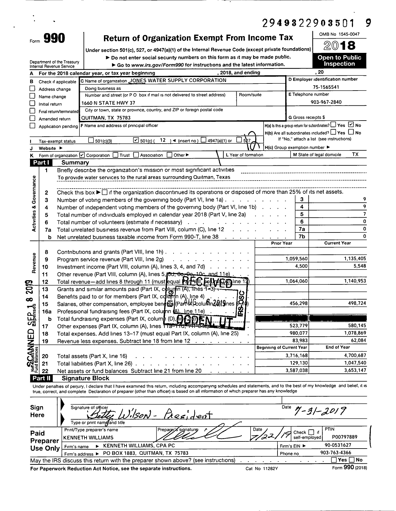 Image of first page of 2018 Form 990O for Jones Water Supply Corporation