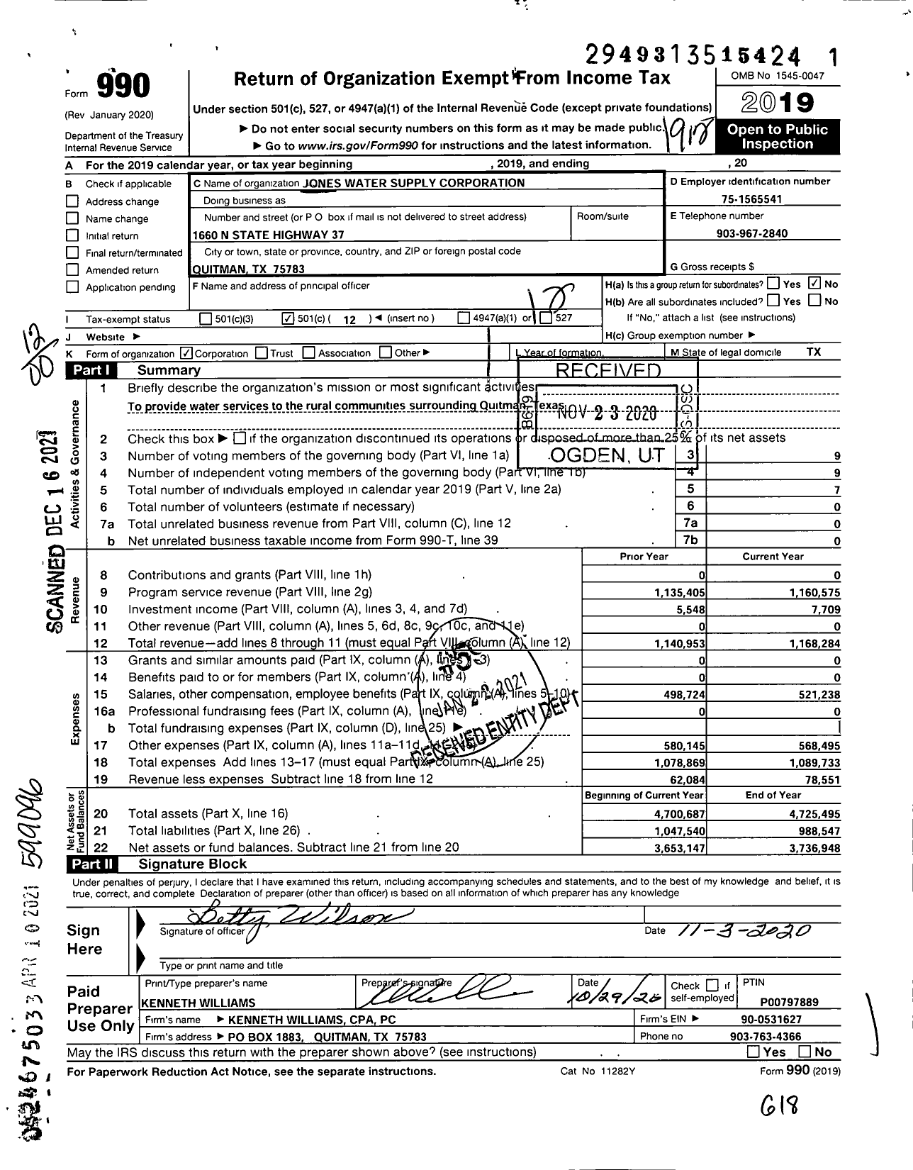 Image of first page of 2019 Form 990O for Jones Water Supply Corporation