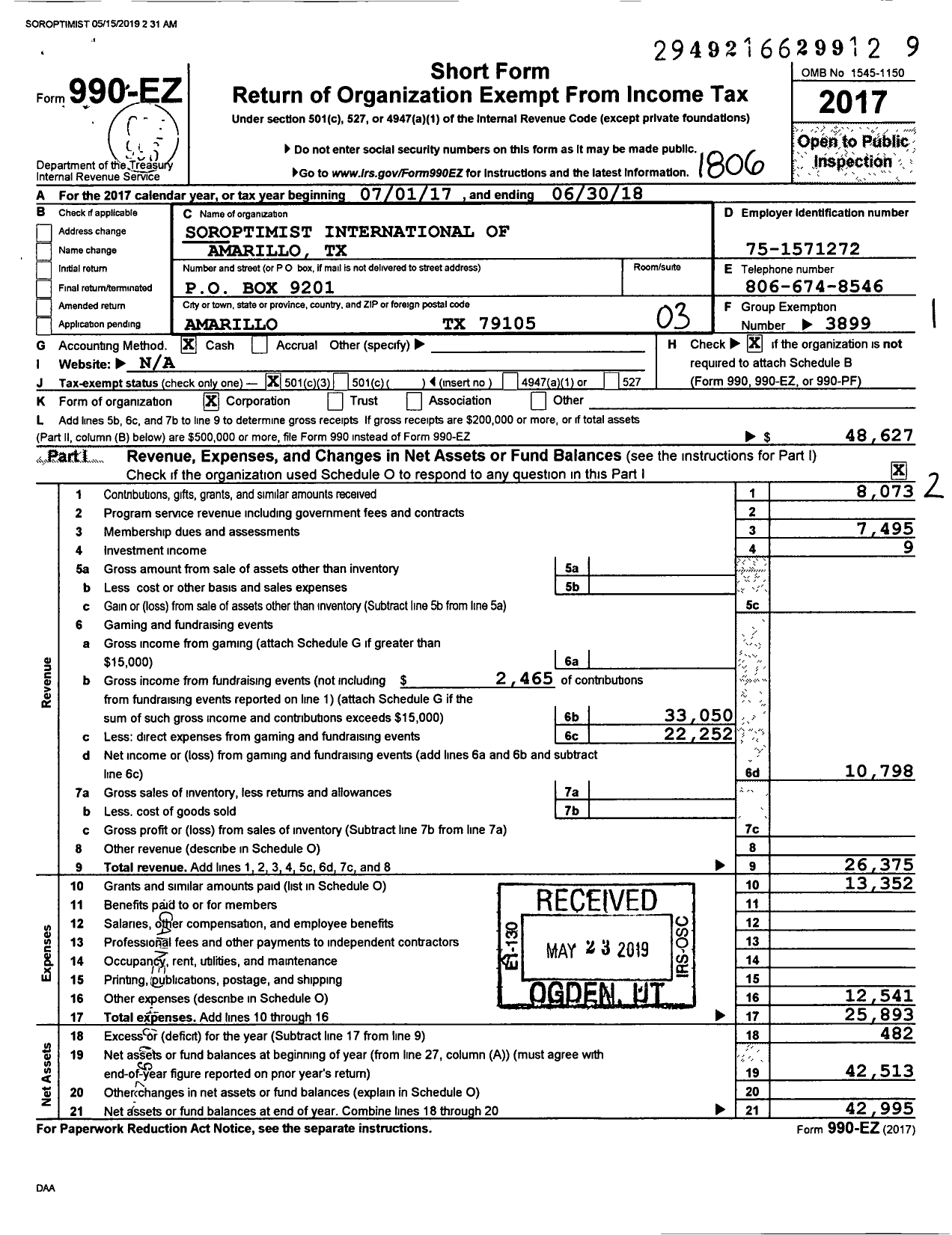 Image of first page of 2017 Form 990EZ for Soroptimist International of the Americas - 106229 Amarillo TX