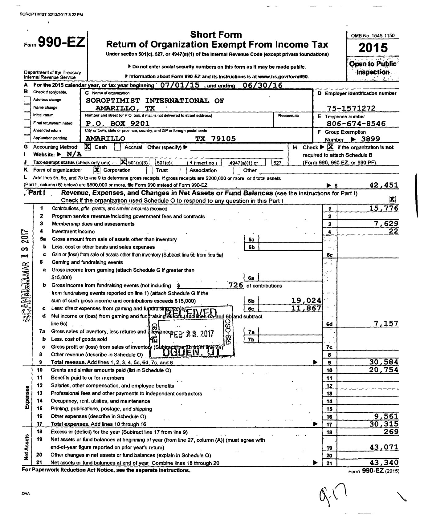 Image of first page of 2015 Form 990EZ for Soroptimist International of the Americas - 106229 Amarillo TX