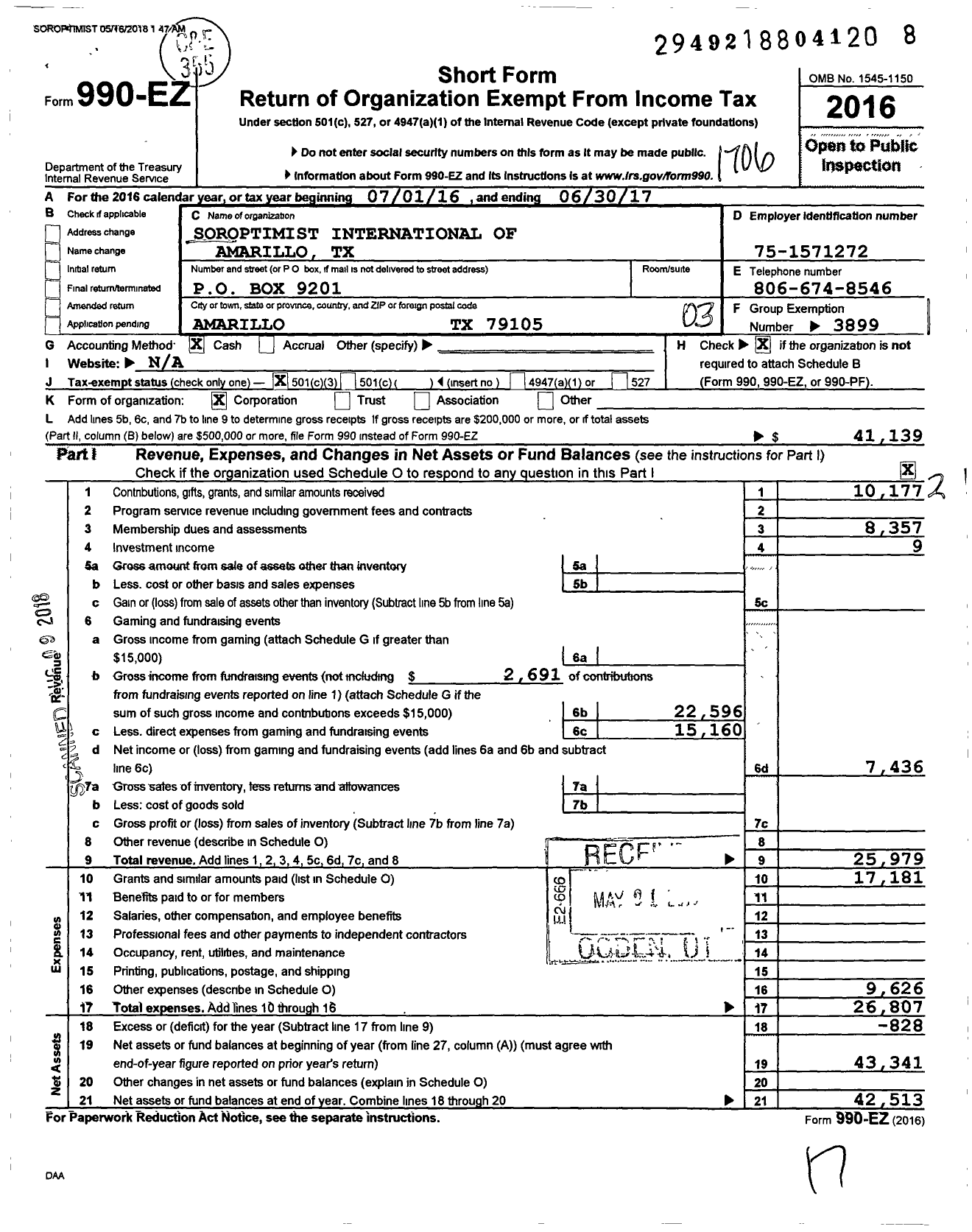 Image of first page of 2016 Form 990EZ for Soroptimist International of the Americas - 106229 Amarillo TX