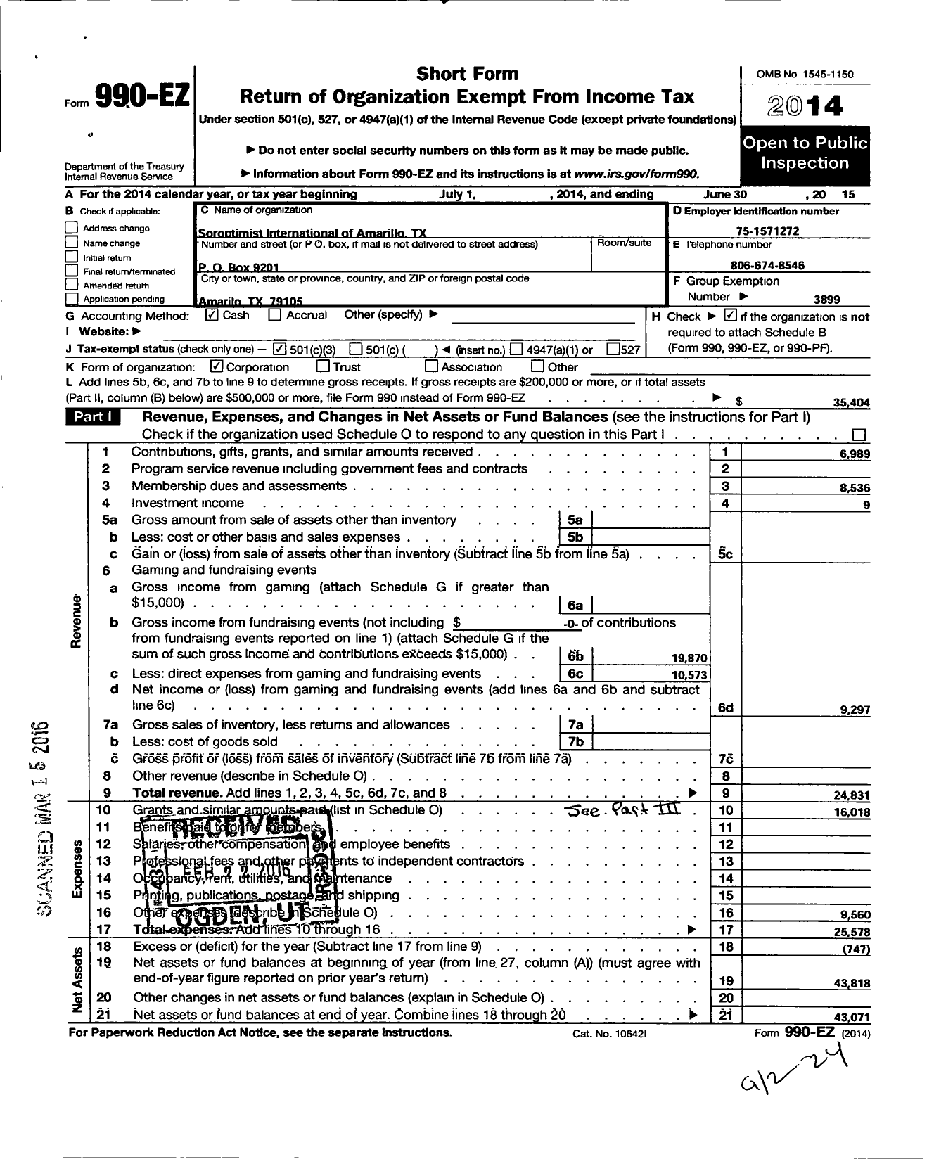 Image of first page of 2014 Form 990EZ for Soroptimist International of the Americas - 106229 Amarillo TX