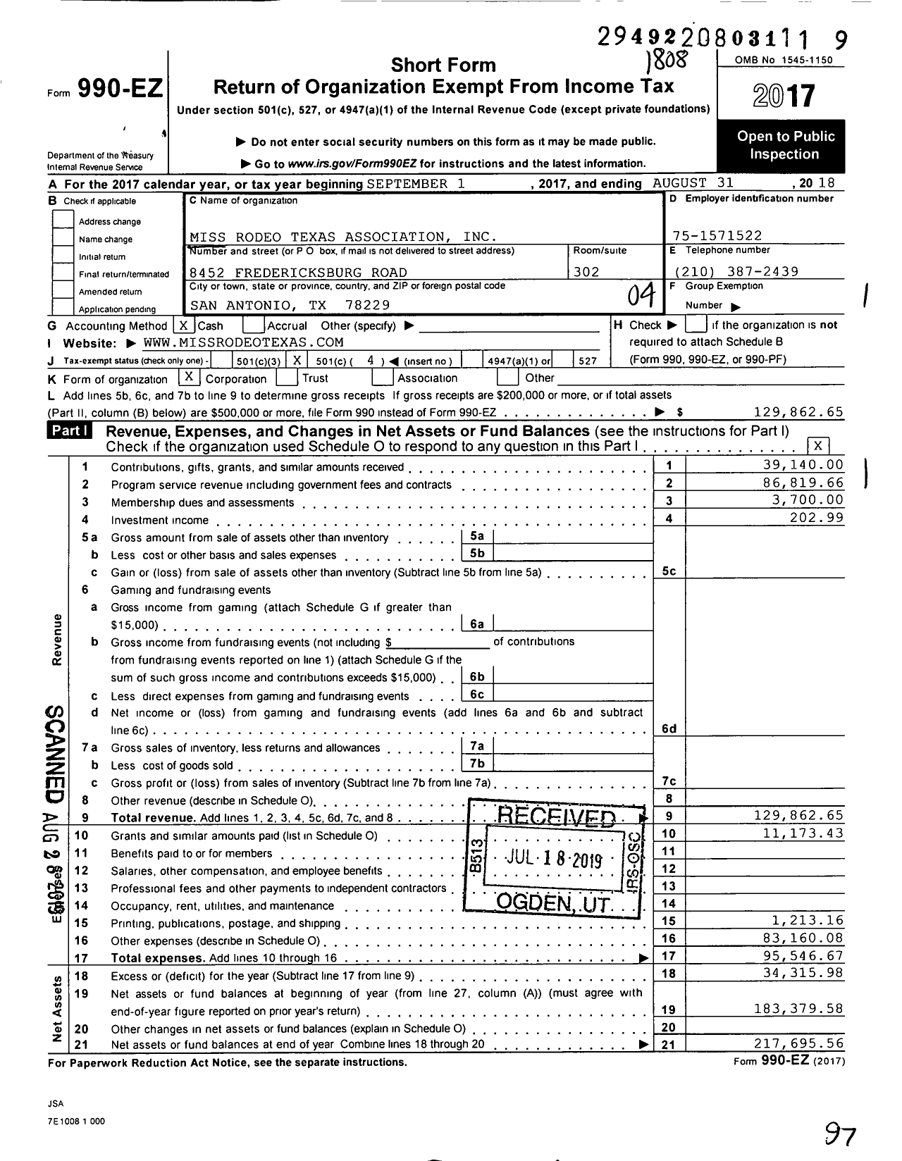 Image of first page of 2017 Form 990EO for Miss Rodeo Texas Association