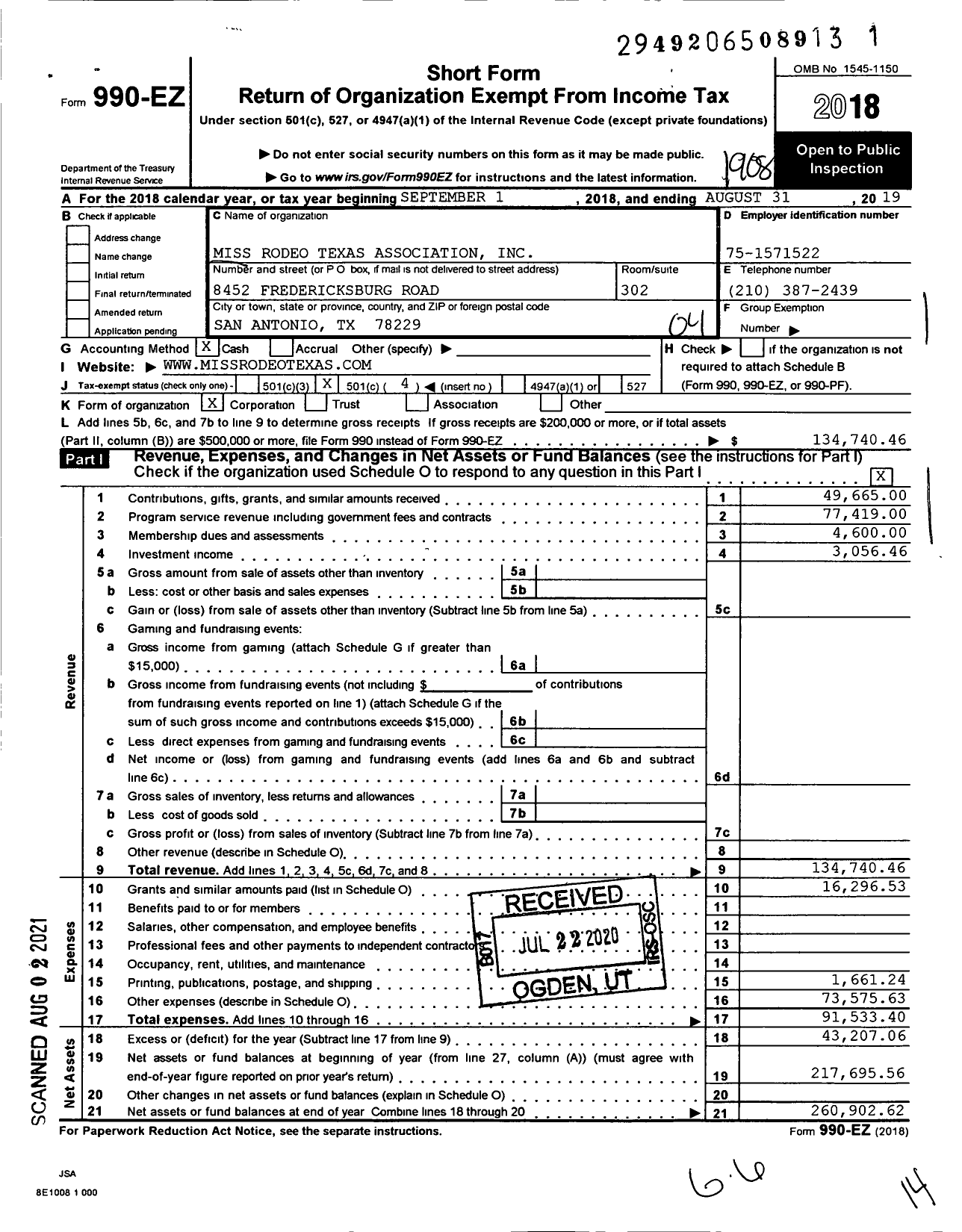 Image of first page of 2018 Form 990EO for Miss Rodeo Texas Association