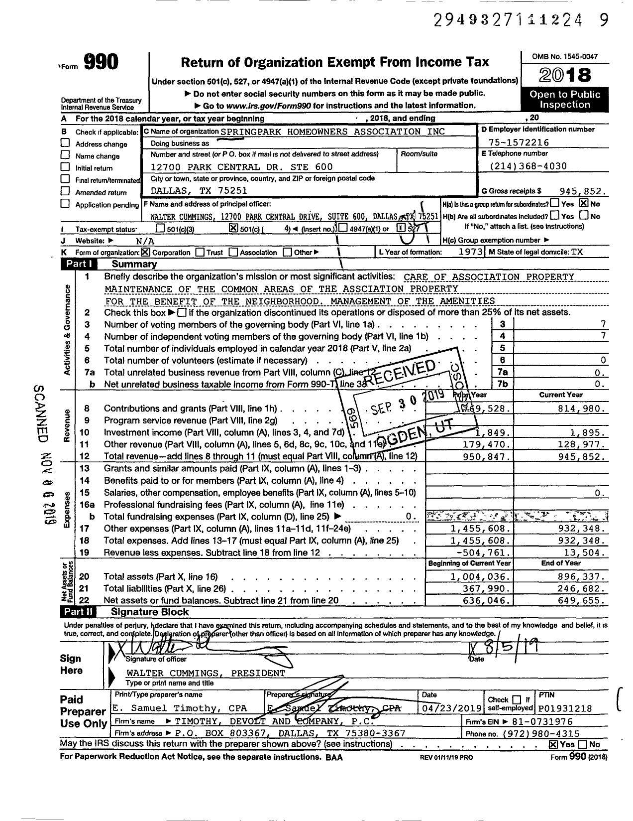 Image of first page of 2018 Form 990O for Springpark Homeowners Association