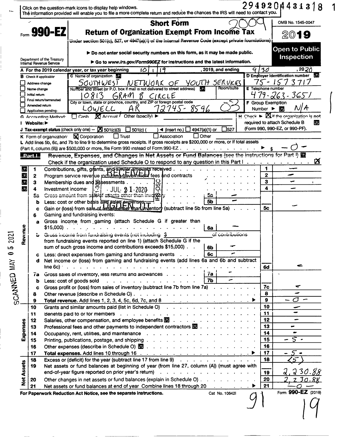 Image of first page of 2019 Form 990EZ for Southwest Network of Youth Services