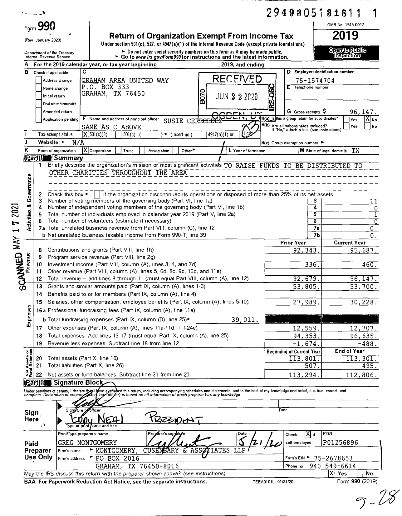 Image of first page of 2019 Form 990 for Graham Area United Way