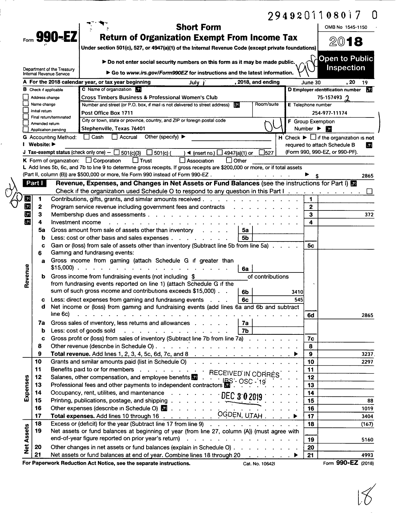 Image of first page of 2018 Form 990EO for Cross Timbers Business and Professional Womens Club