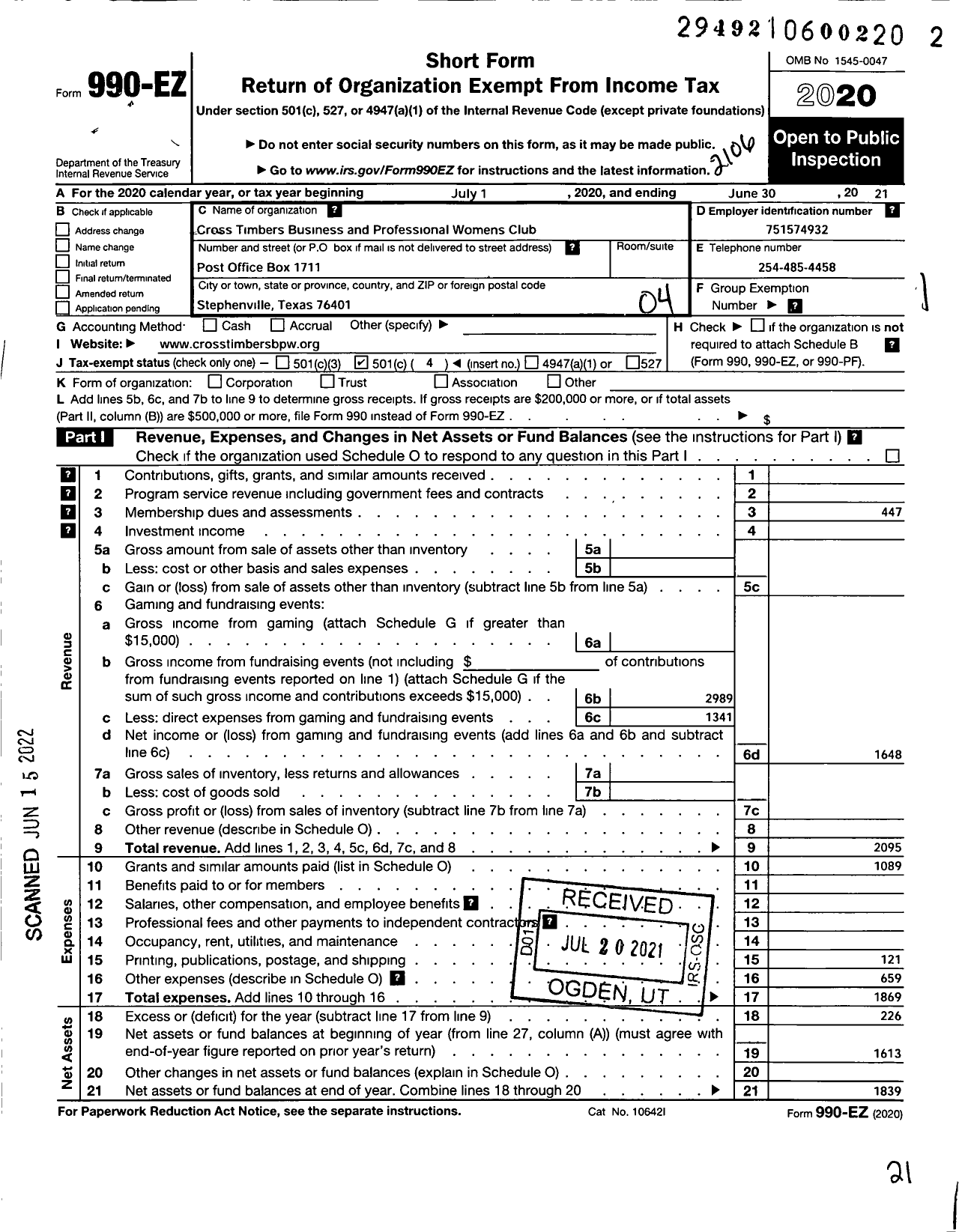 Image of first page of 2020 Form 990EO for Cross Timbers Business and Professional Womens Club